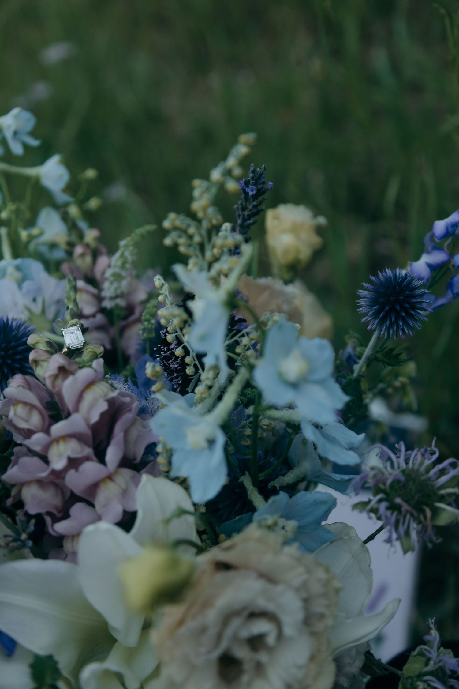 Close-up of a romantic wedding bouquet featuring blue delphinium, lavender, blush roses, and thistle against green grass.