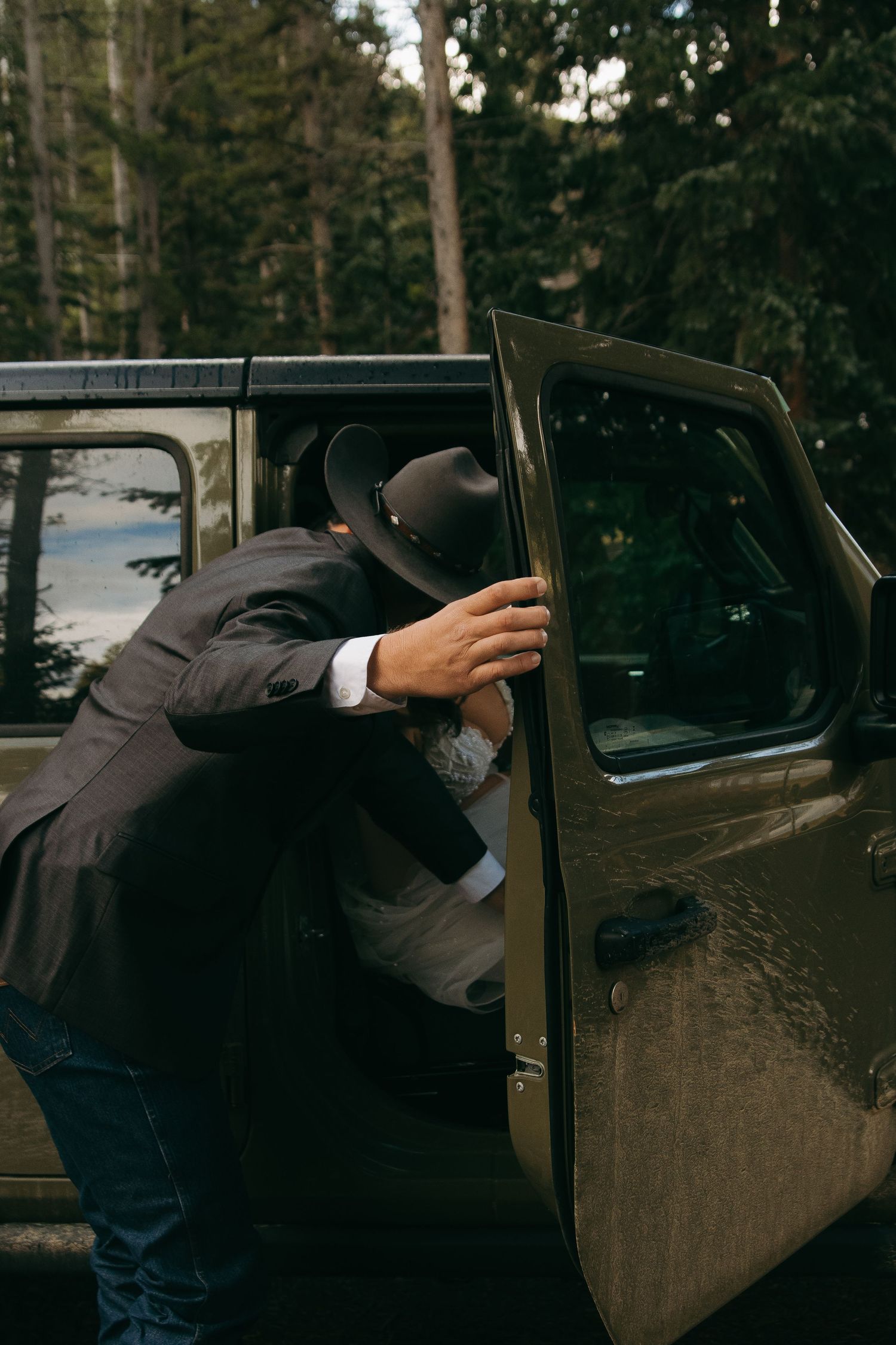 A series of photos showing someone helping load a vintage car after a wedding ceremony.
