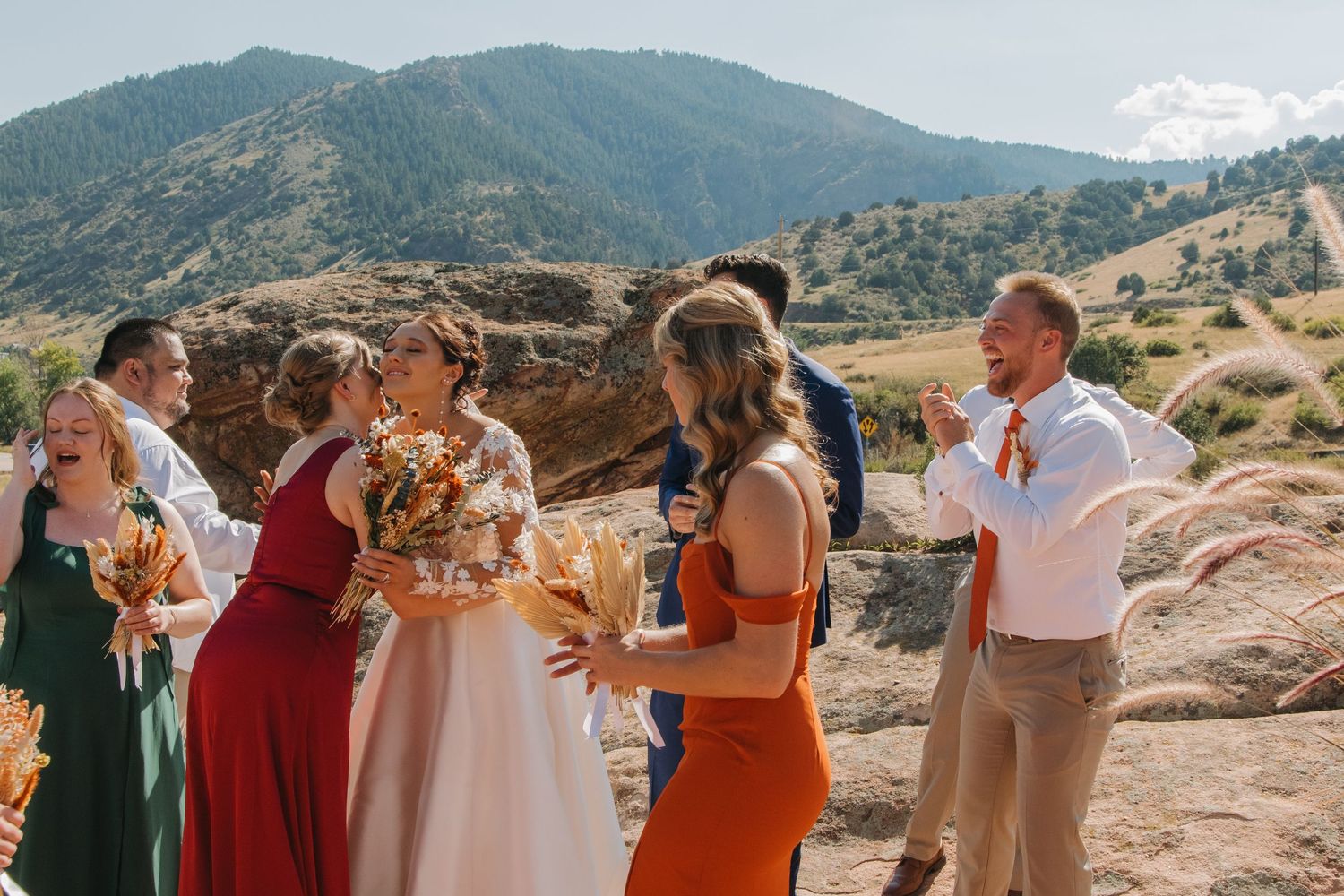 Wedding party in colorful dresses poses against scenic mountain backdrop on sunny day.
