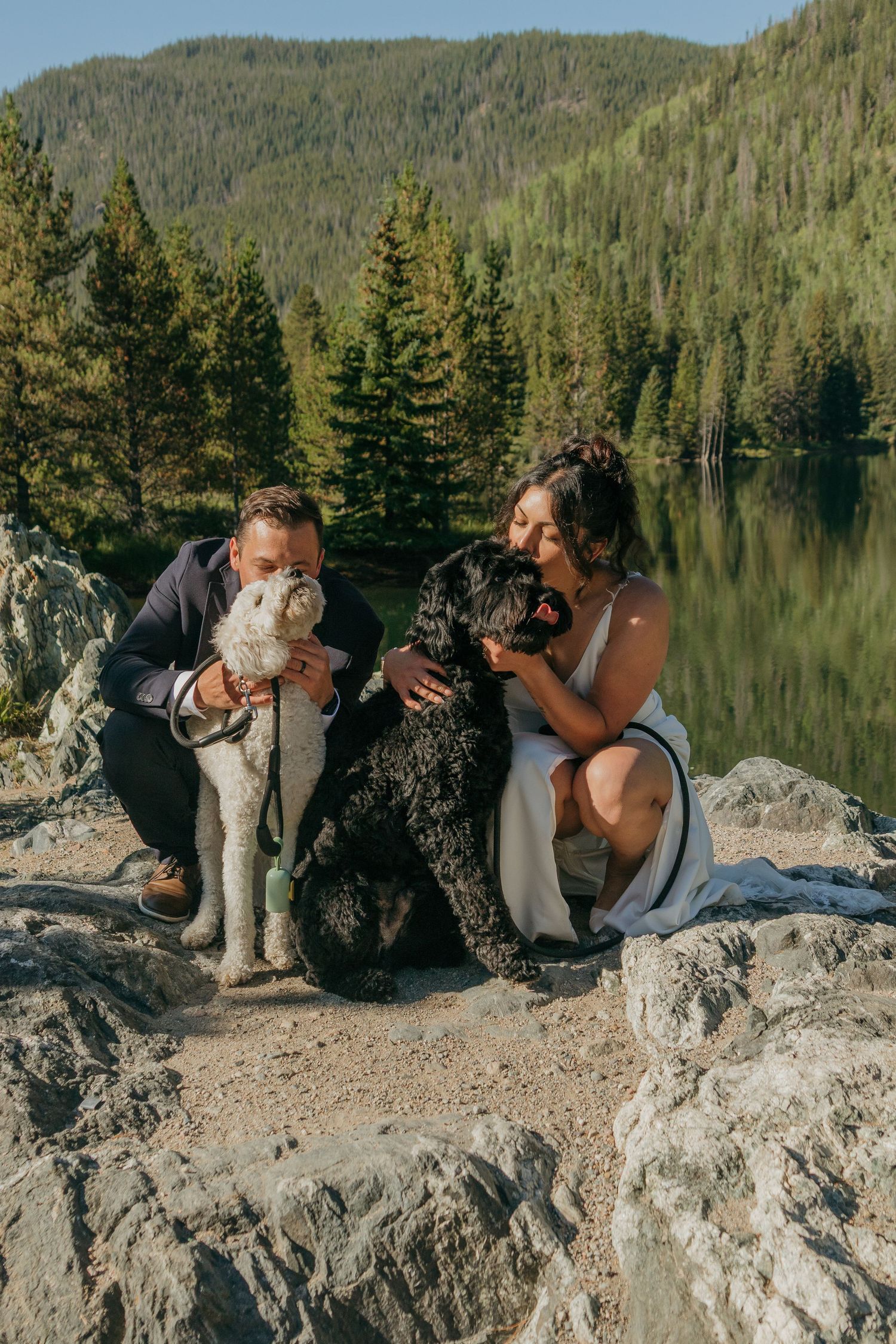 A joyful wedding moment shared with dogs on rocky lakeside terrain.