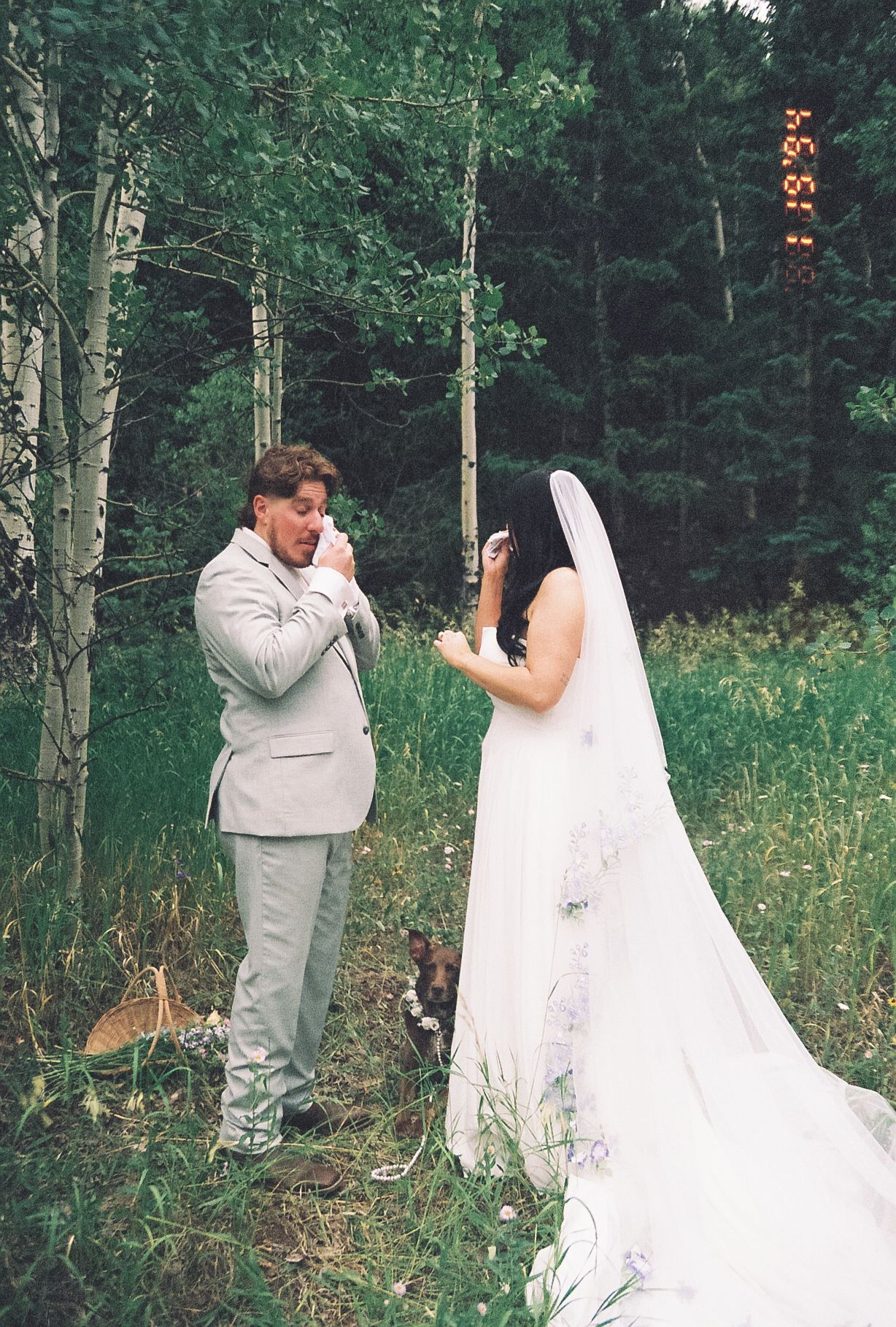 Emotional groom wipes tears as bride approaches during first look in aspen forest meadow.