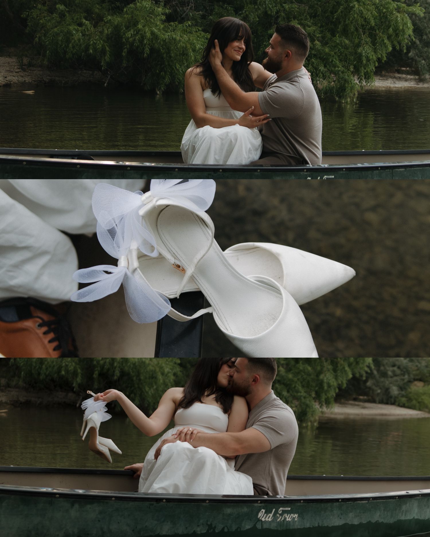 Romantic canoe scene with white dress flowing in the breeze over calm waters.