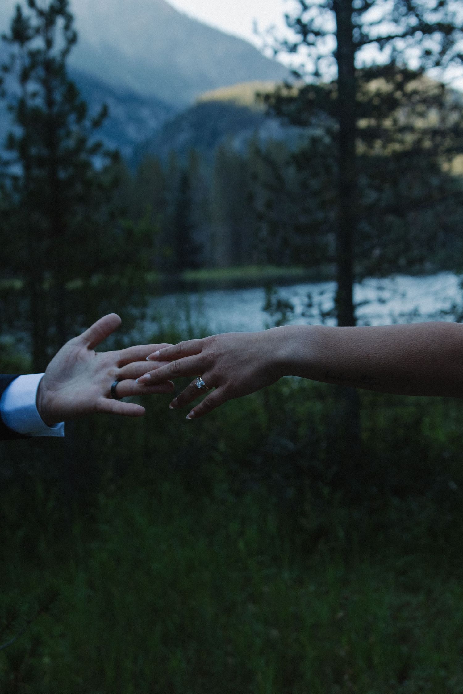 Artistic close-up of reaching hands against a mountainous landscape at dusk.