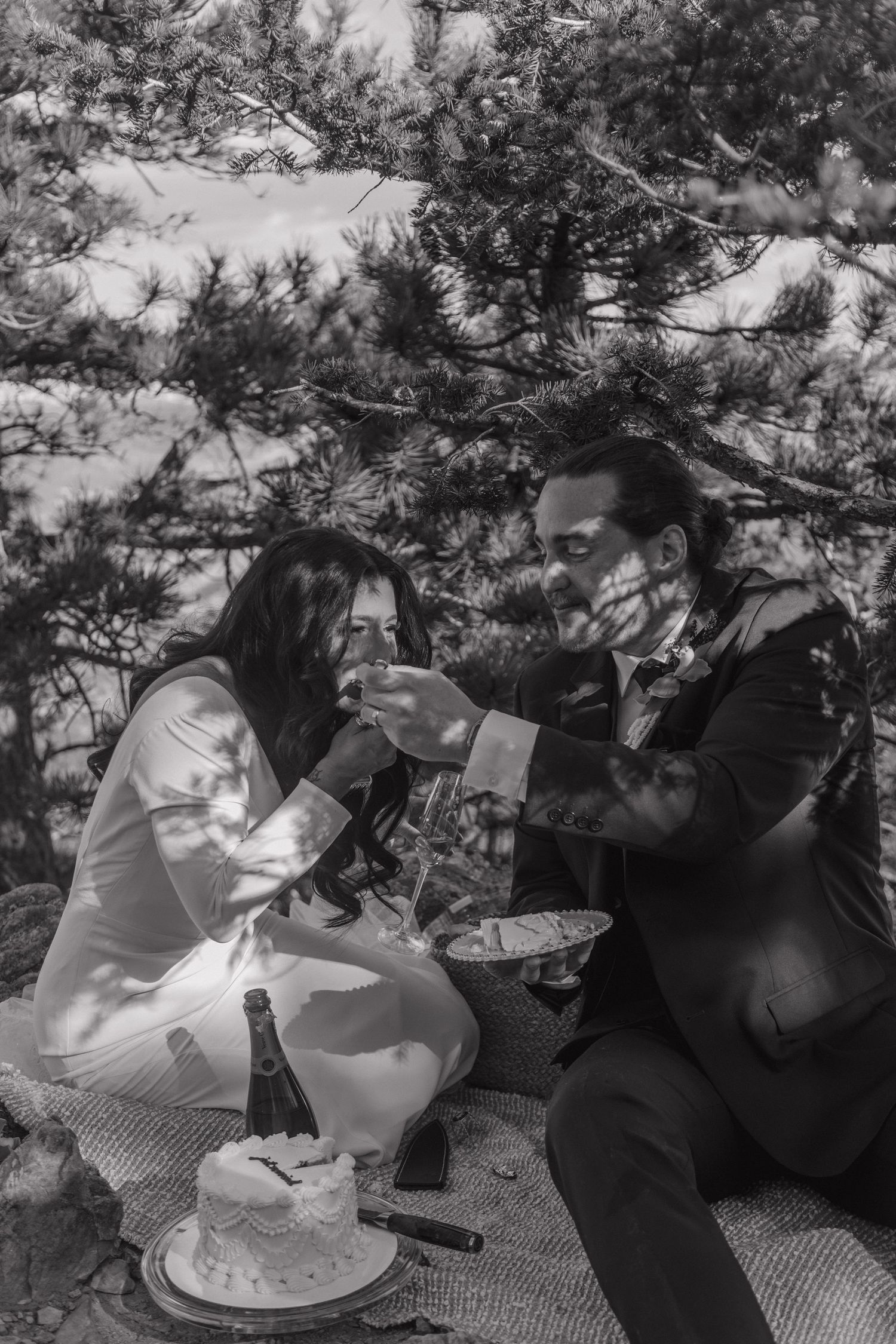 Bride and groom sharing wedding cake under pine trees at outdoor mountain elopement picnic.