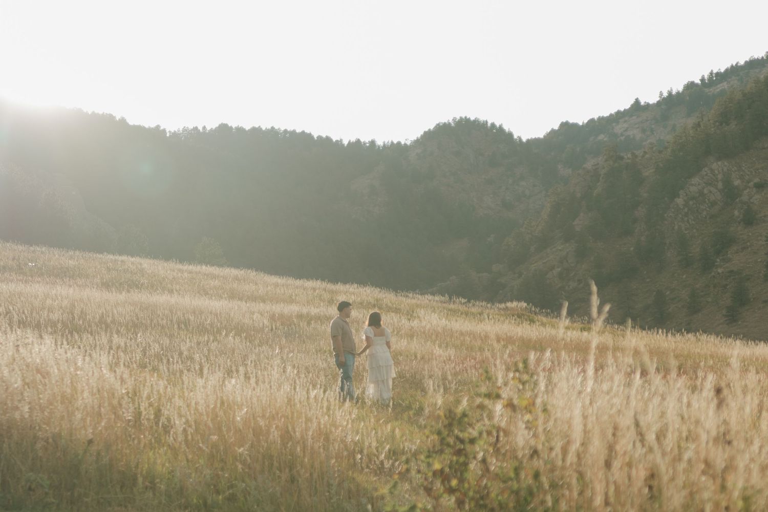 Couple walking hand in hand through sun-drenched golden field with lush green hillside behind them.