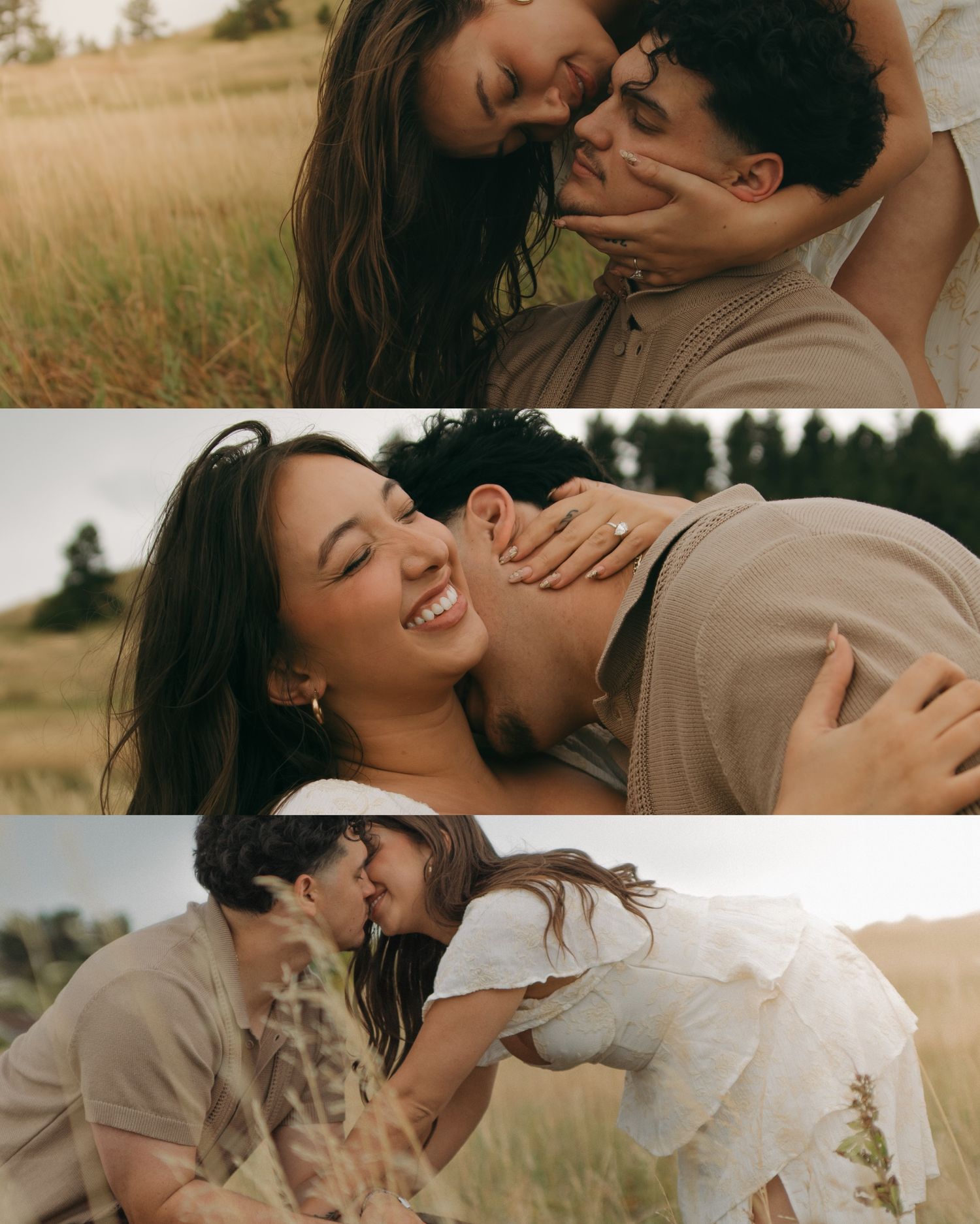 Three-panel collage of couple sharing tender and joyful moments in golden Colorado meadow at sunset.