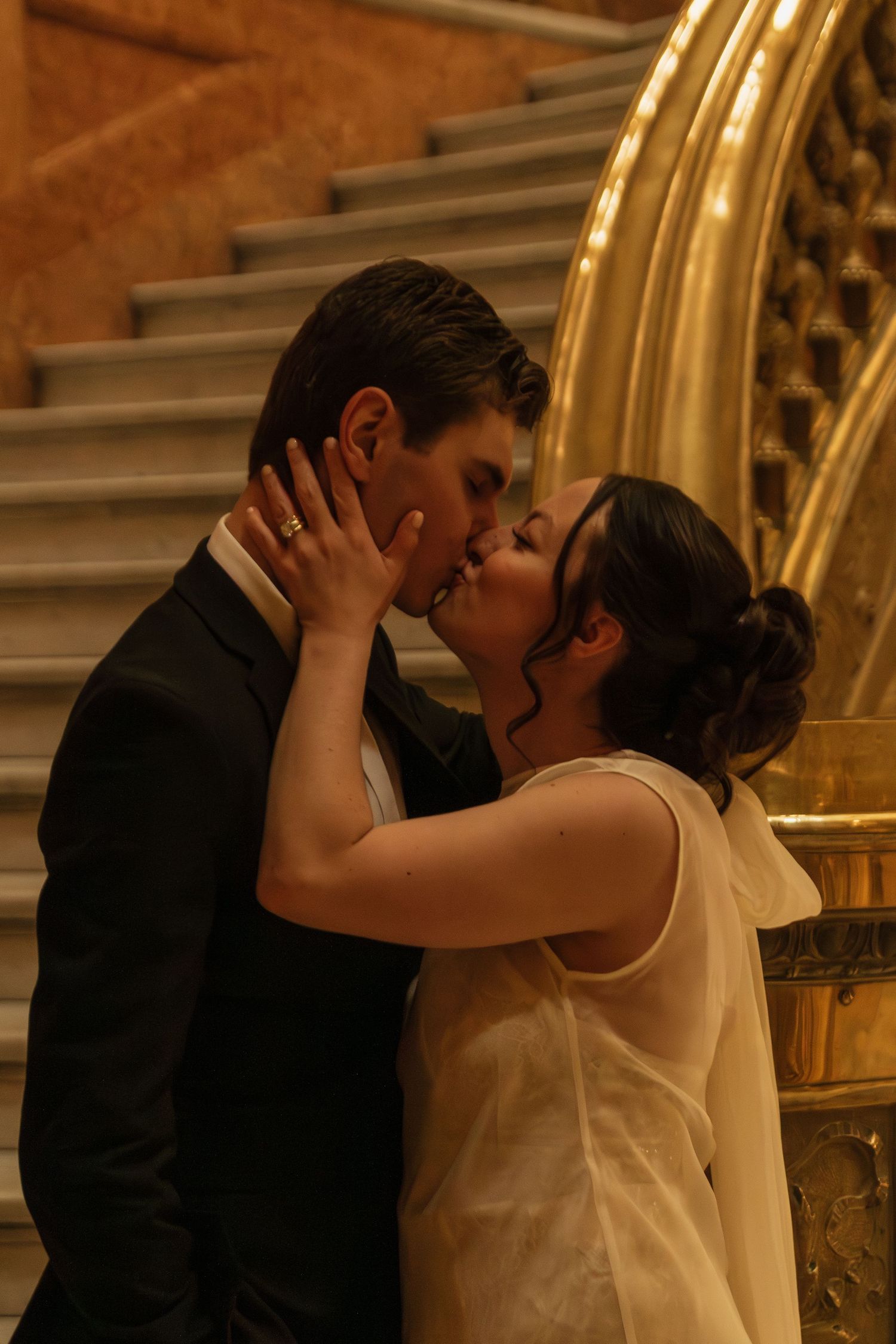 A romantic wedding moment captured in a series of photos showing a tender embrace.