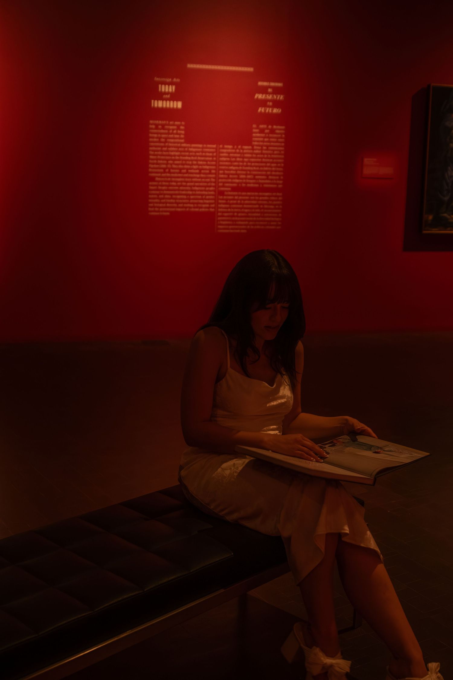 Person reading in a dimly lit red room with exhibits and text displays mounted on the walls.