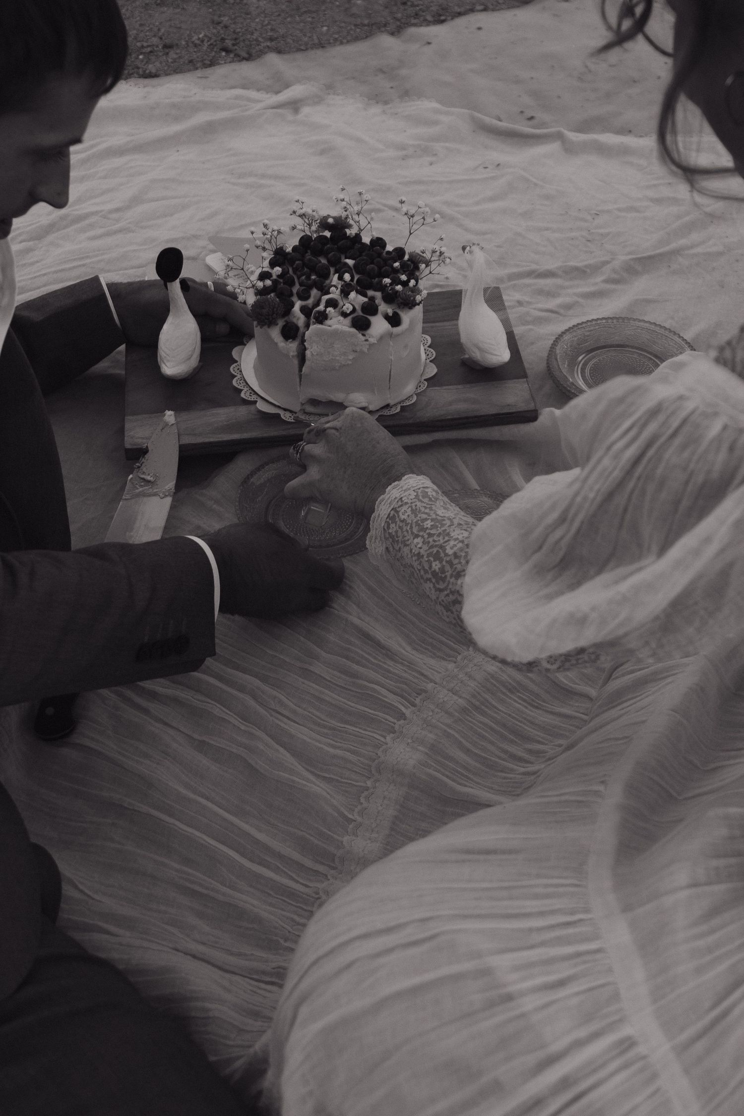 Black and white photo of bride and groom sharing wedding cake at an outdoor picnic.
