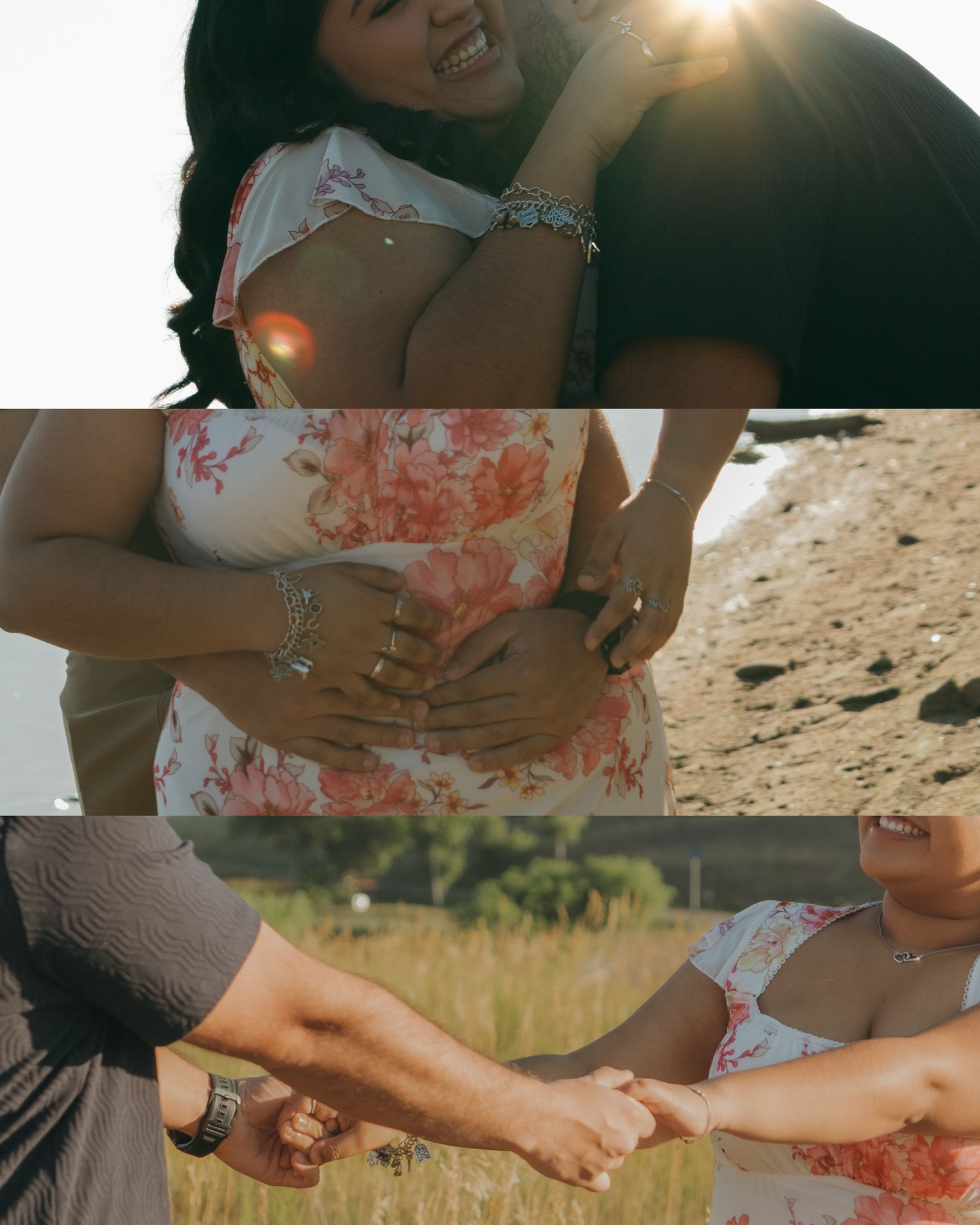 A sunlit collection of romantic moments showing hands clasped and loving embraces in nature.