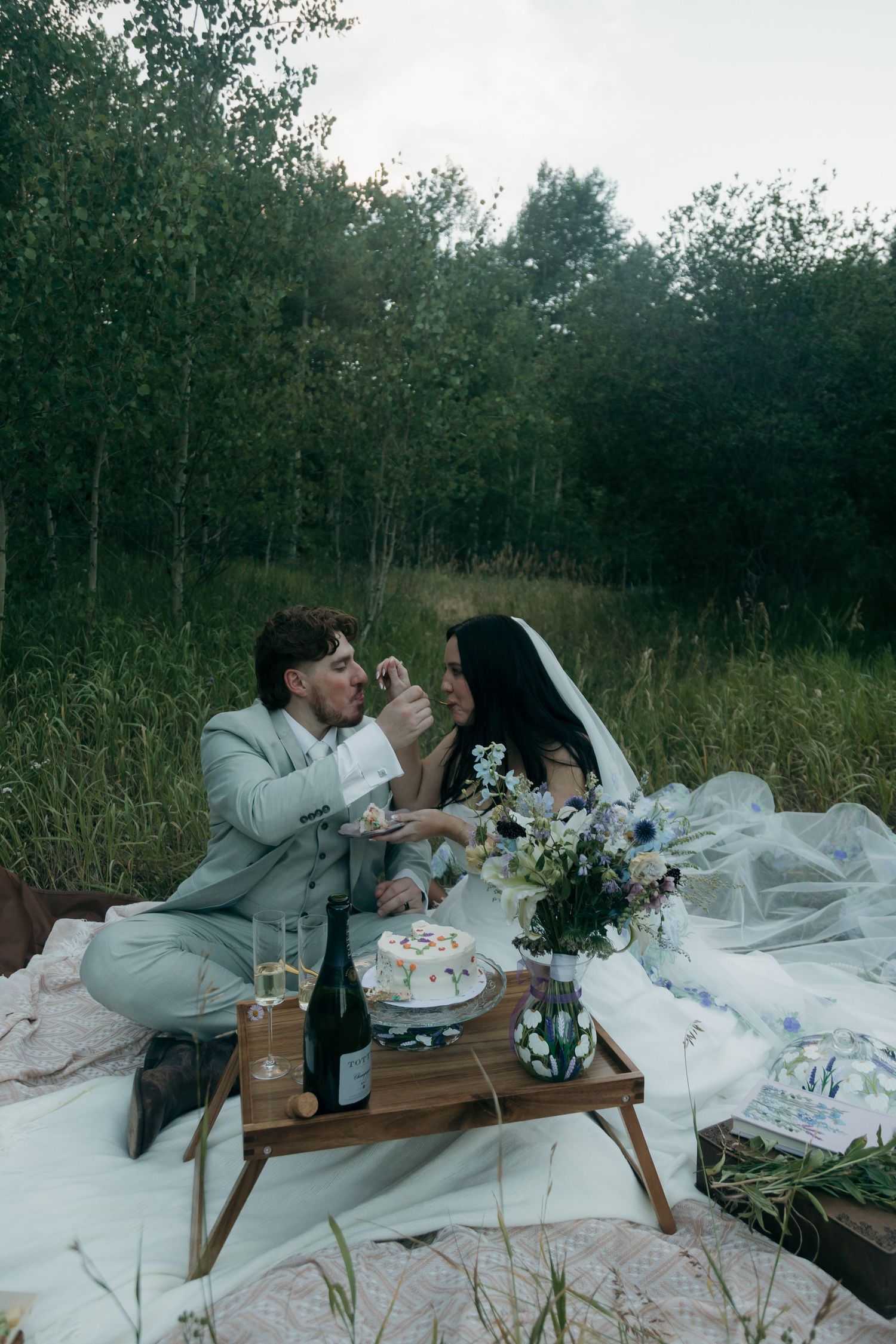 Bride and groom sharing wedding cake at an outdoor picnic celebration in a lush green meadow.