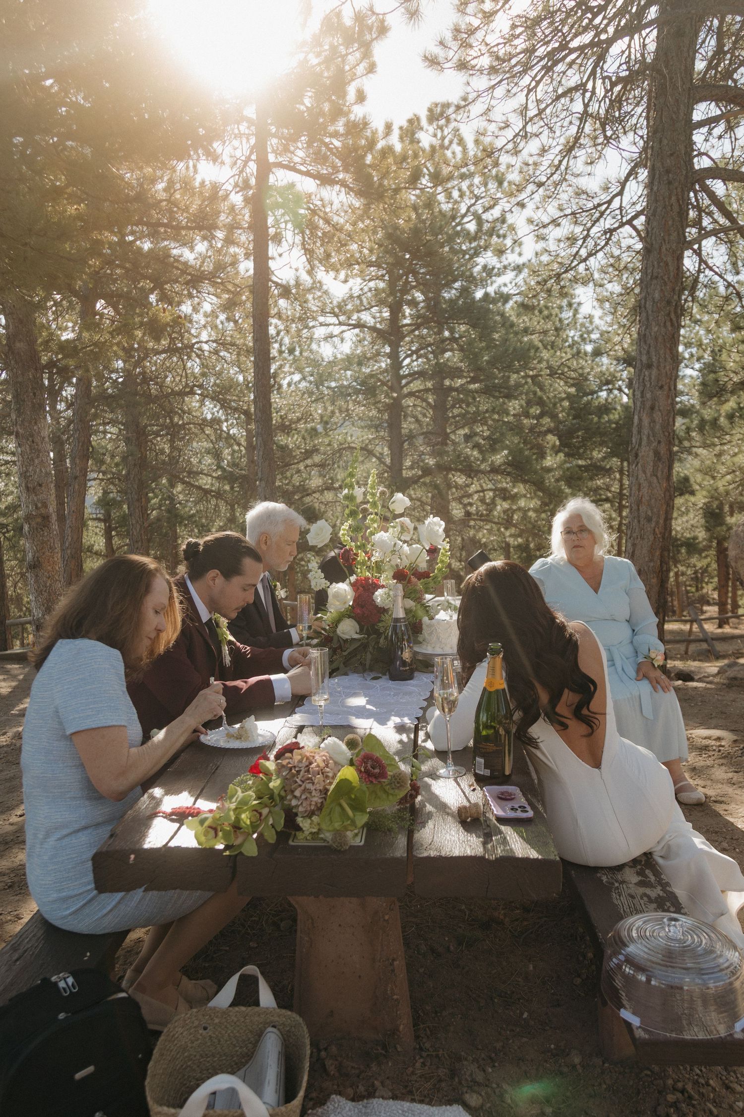 Small intimate wedding reception with family gathered at decorated picnic table in sunlit pine forest.