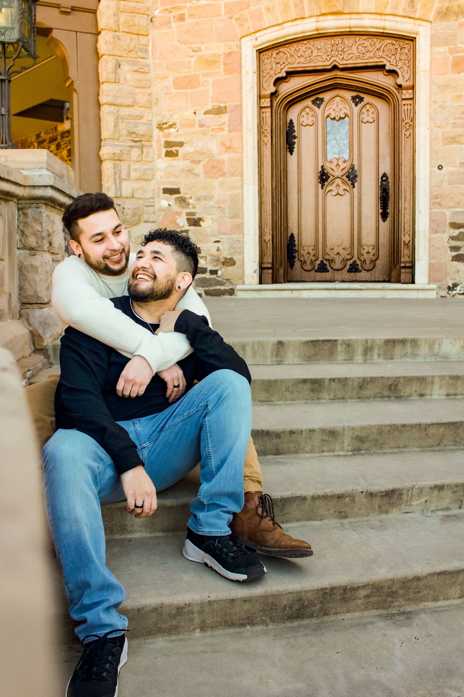 A series of intimate portraits showing connection and laughter on historic stone steps.