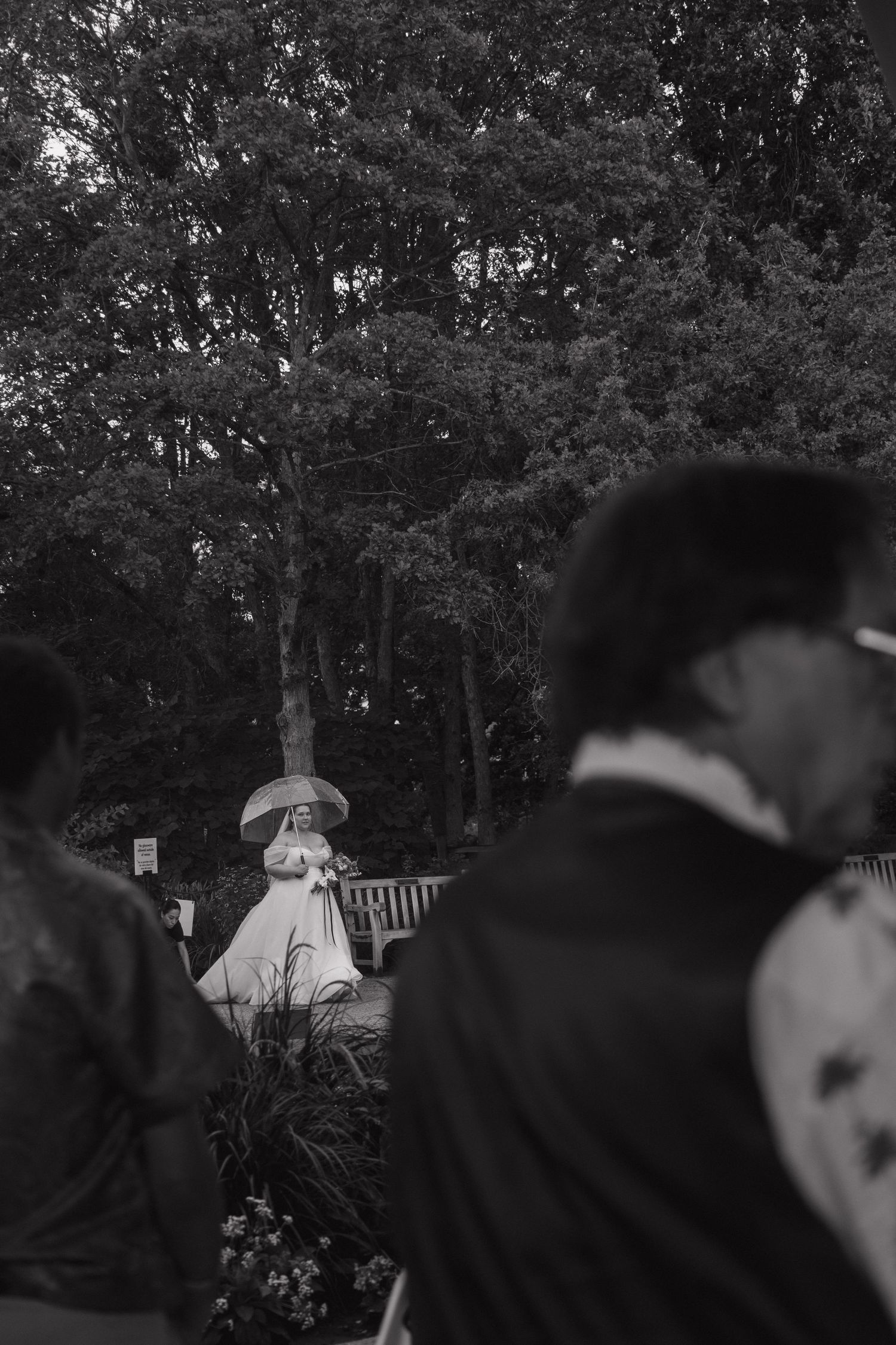 Black and white wedding photo of a bride sitting on a bench with an umbrella, surrounded by lush trees and guests.