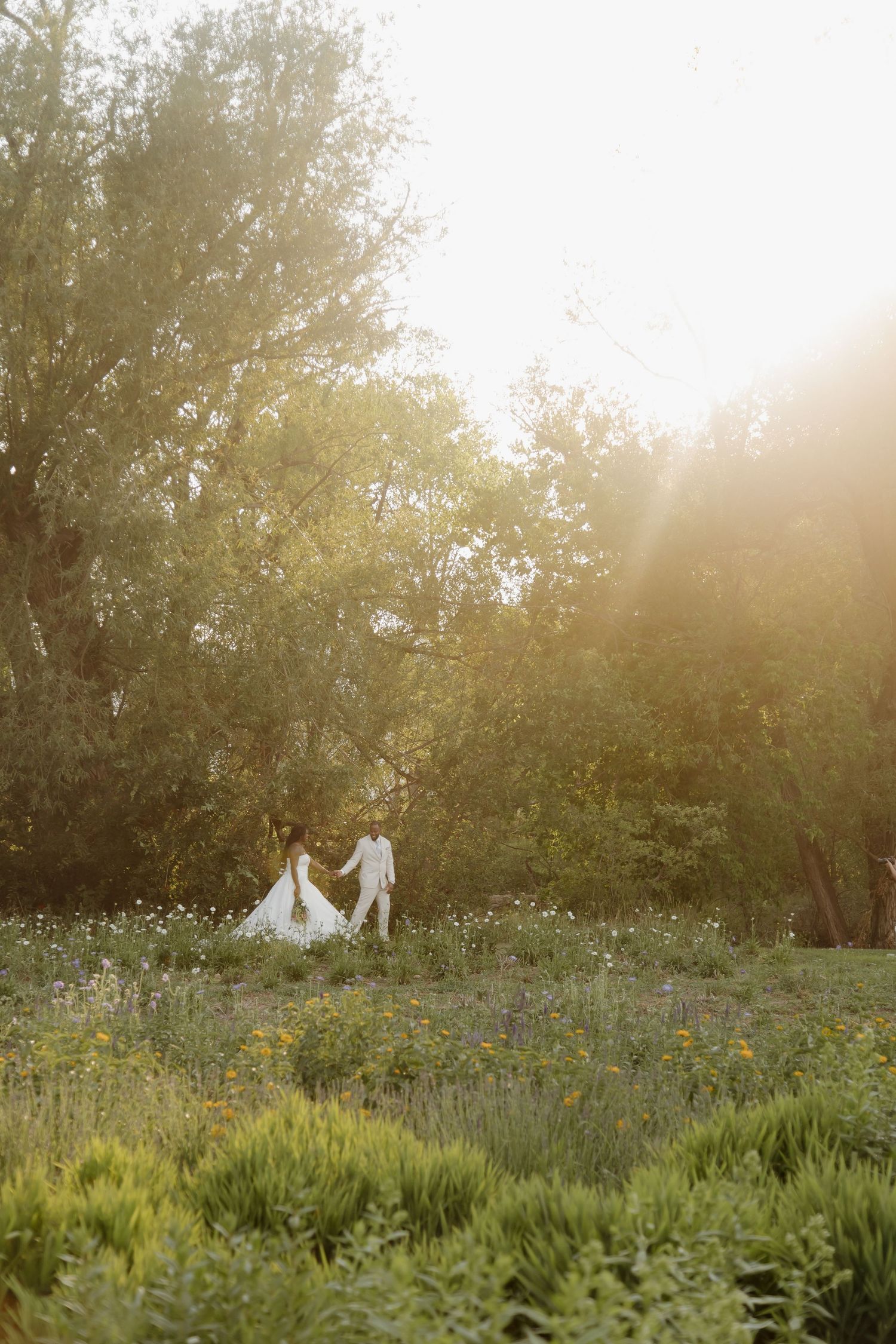 Newlywed couple walks hand in hand through a sunlit wildflower meadow with towering trees behind them.