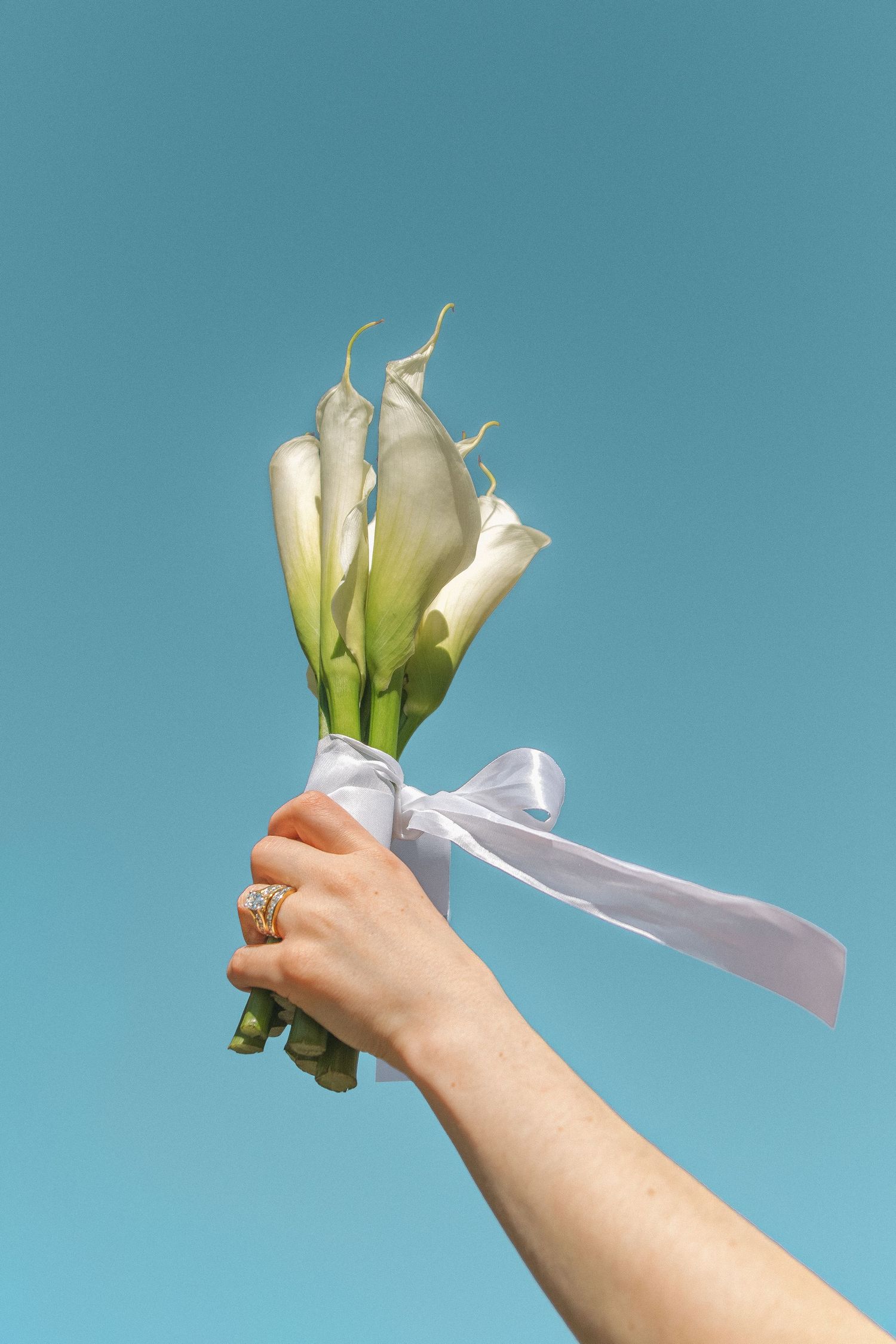Hand holding white calla lilies with a ribbon against a turquoise blue background.