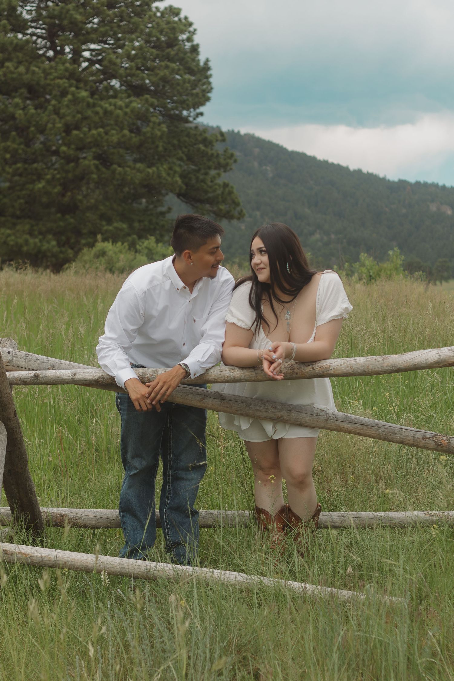 Couple enjoying tender moment while leaning on wooden fence in mountain meadow landscape.