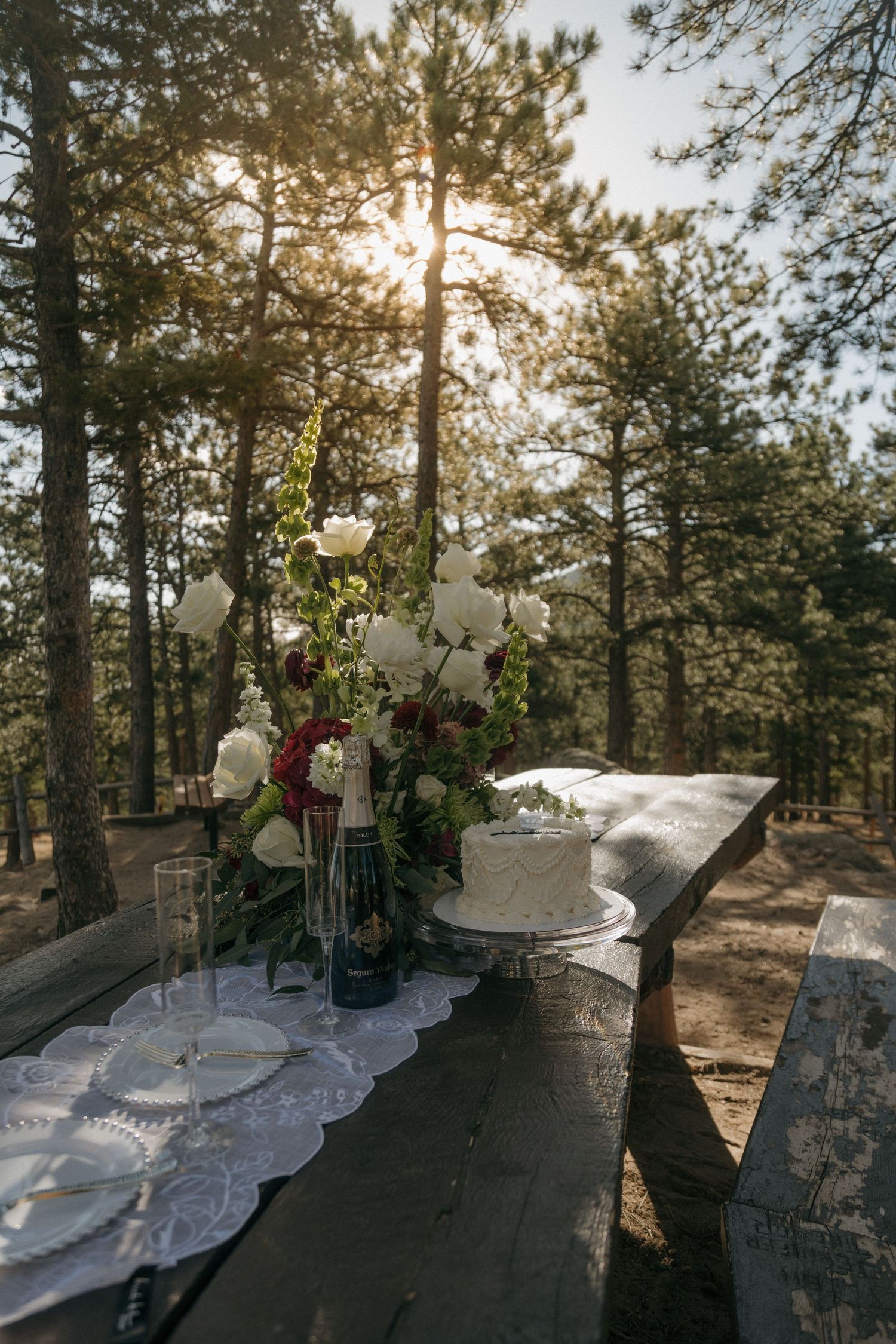 Elegant outdoor wedding table with white cake, floral arrangement, and champagne glasses in sunlit pine forest.