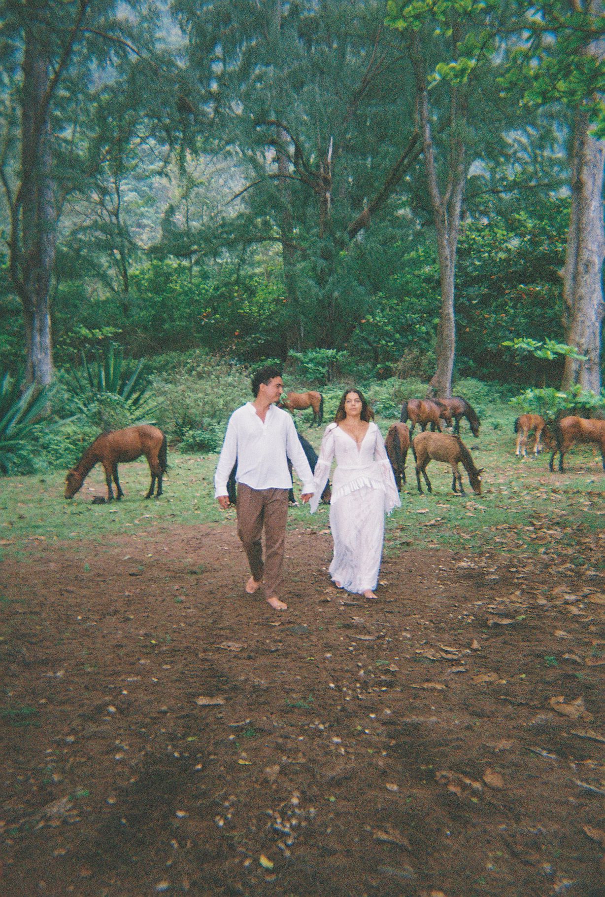 Couple holding hands walking barefoot through a lush forest with grazing horses in background.