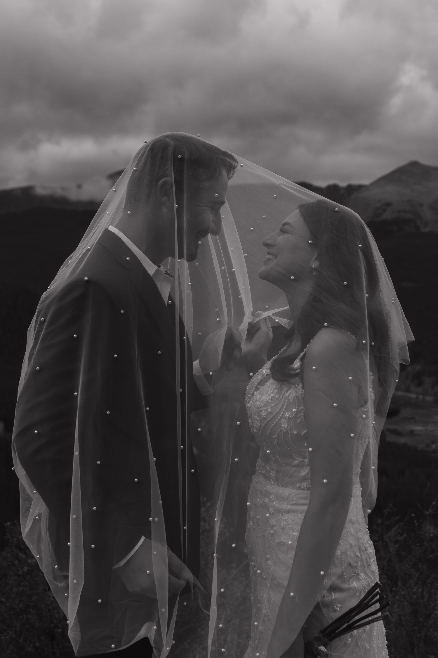 A dreamy wedding veil flows in the wind against a cloudy mountain backdrop.