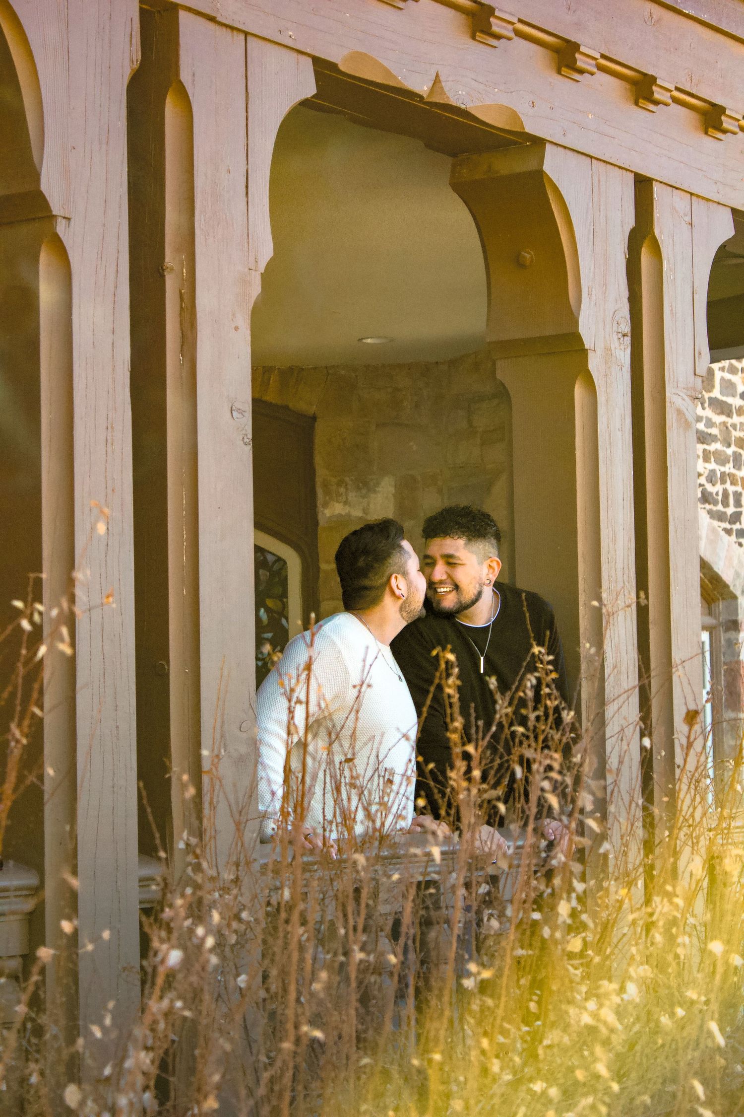 Romantic scene through architectural arches with sunlit dried grasses in foreground.