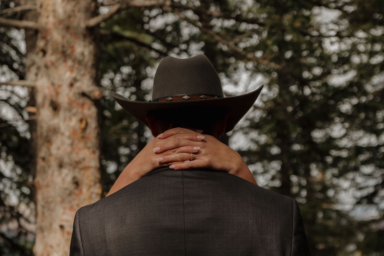A close-up view of a cowboy hat against a forest backdrop.