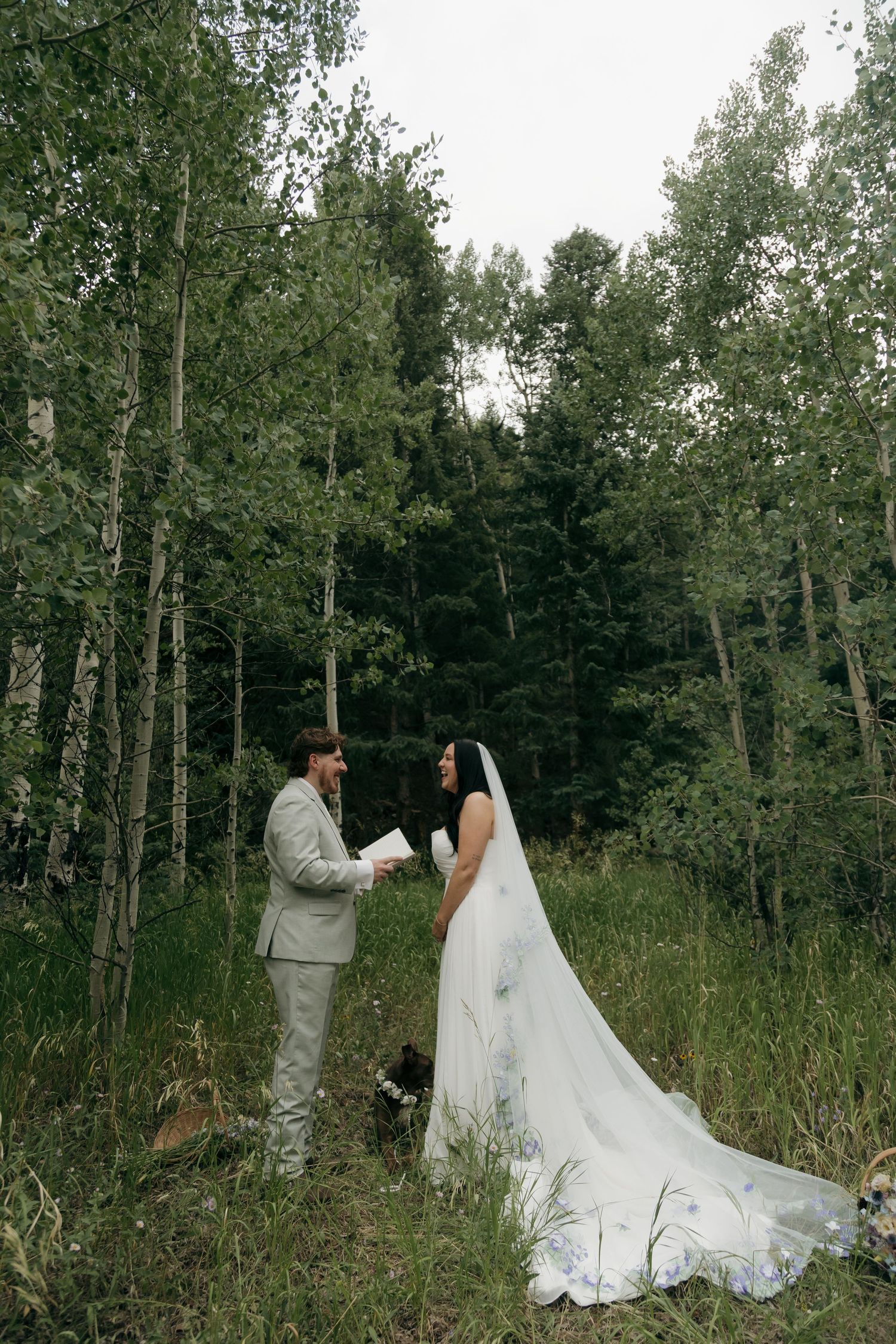 Groom reads wedding vows to his bride in a serene aspen forest during an outdoor elopement ceremony.