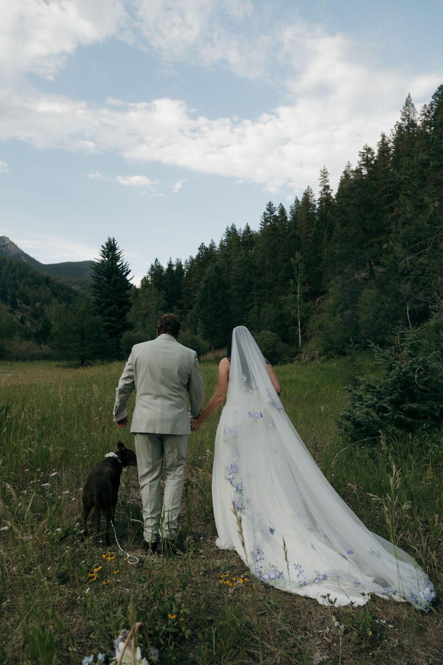 Bride and groom walk hand-in-hand with their dog through a lush mountain meadow, bride wearing a floral embroidered veil.