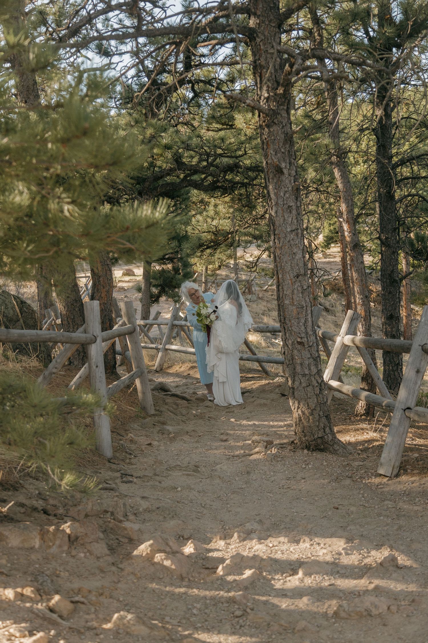 A bride in a white gown and veil walks along a pine-lined dirt path with a companion.