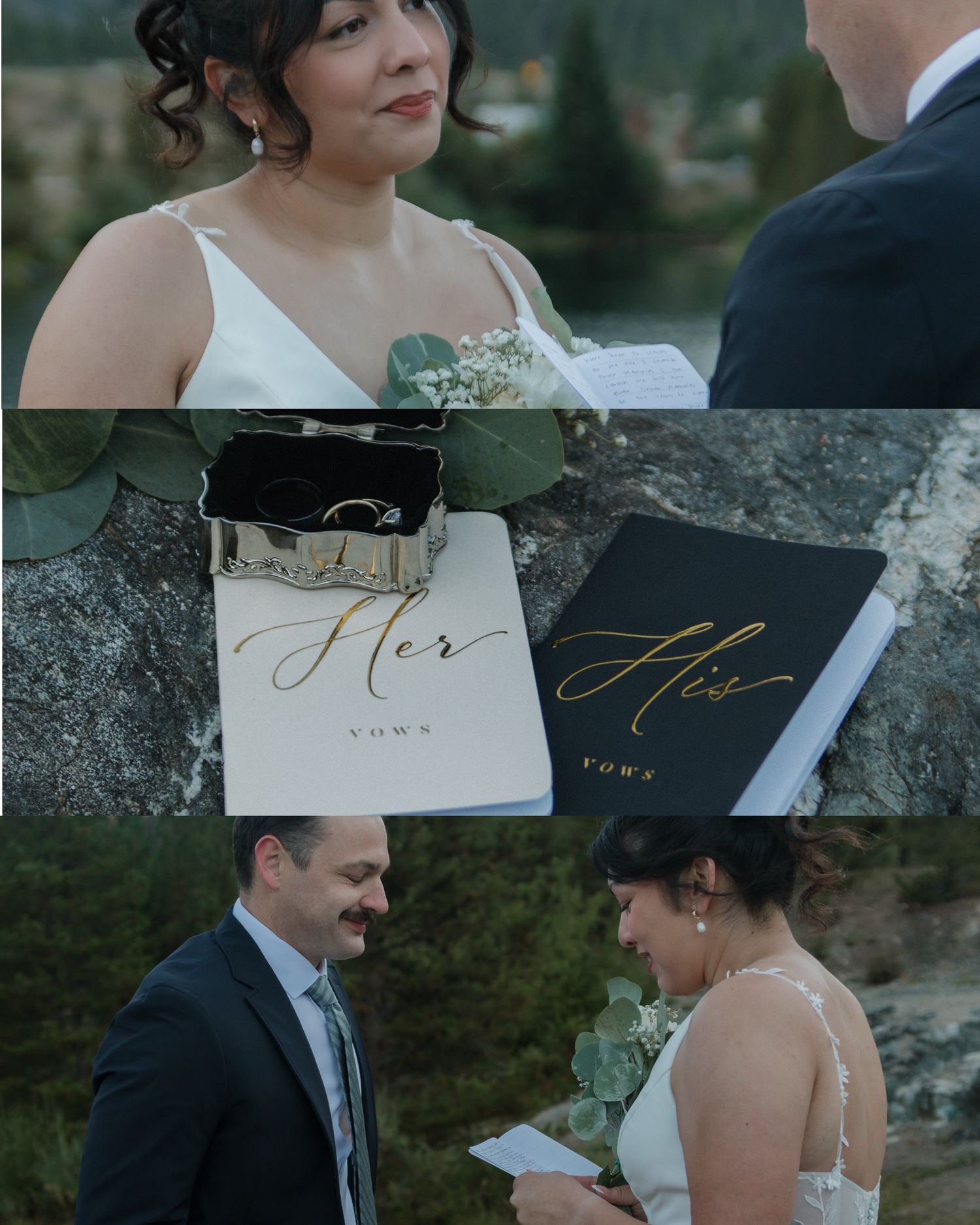 A couple exchanges vows during an intimate mountain wedding ceremony.