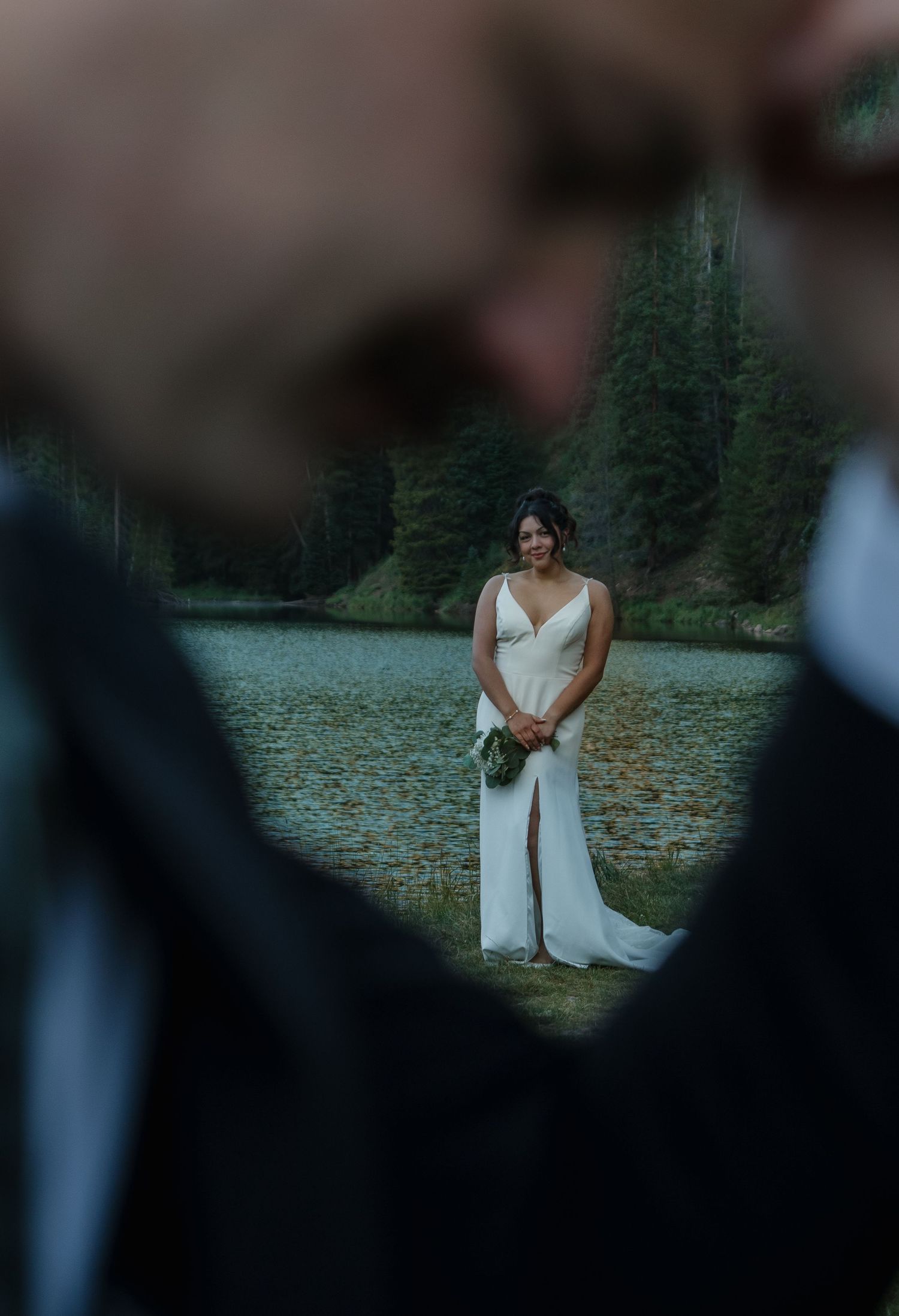 A moody wedding portrait with mountains and lake in soft focus background.