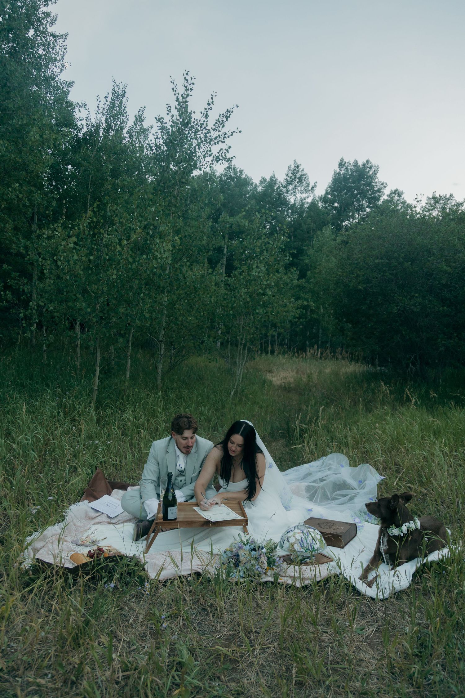 Bride and groom sit on white blanket signing documents during outdoor forest elopement picnic.