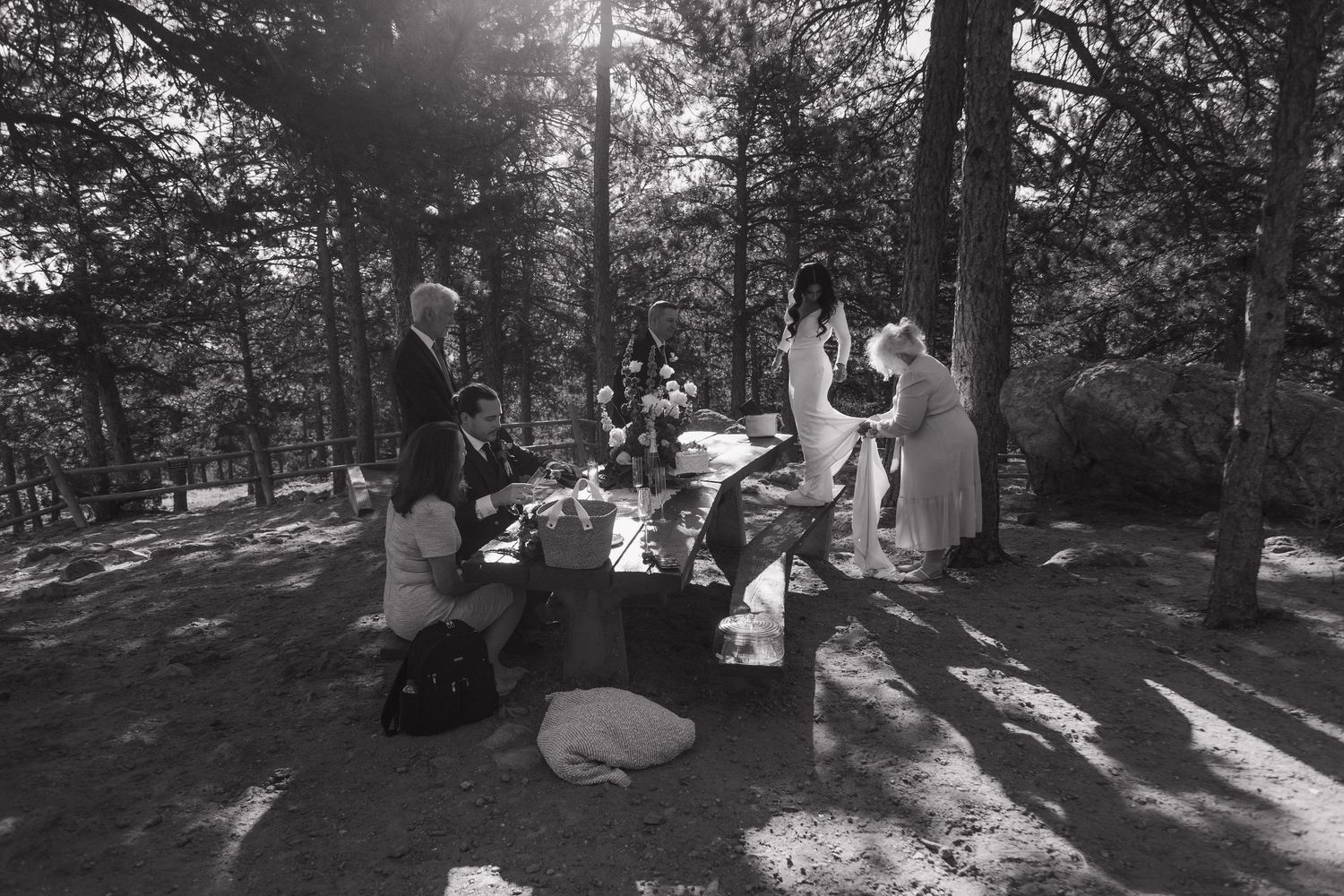 Black and white wide shot of small intimate wedding reception at picnic table in pine forest.