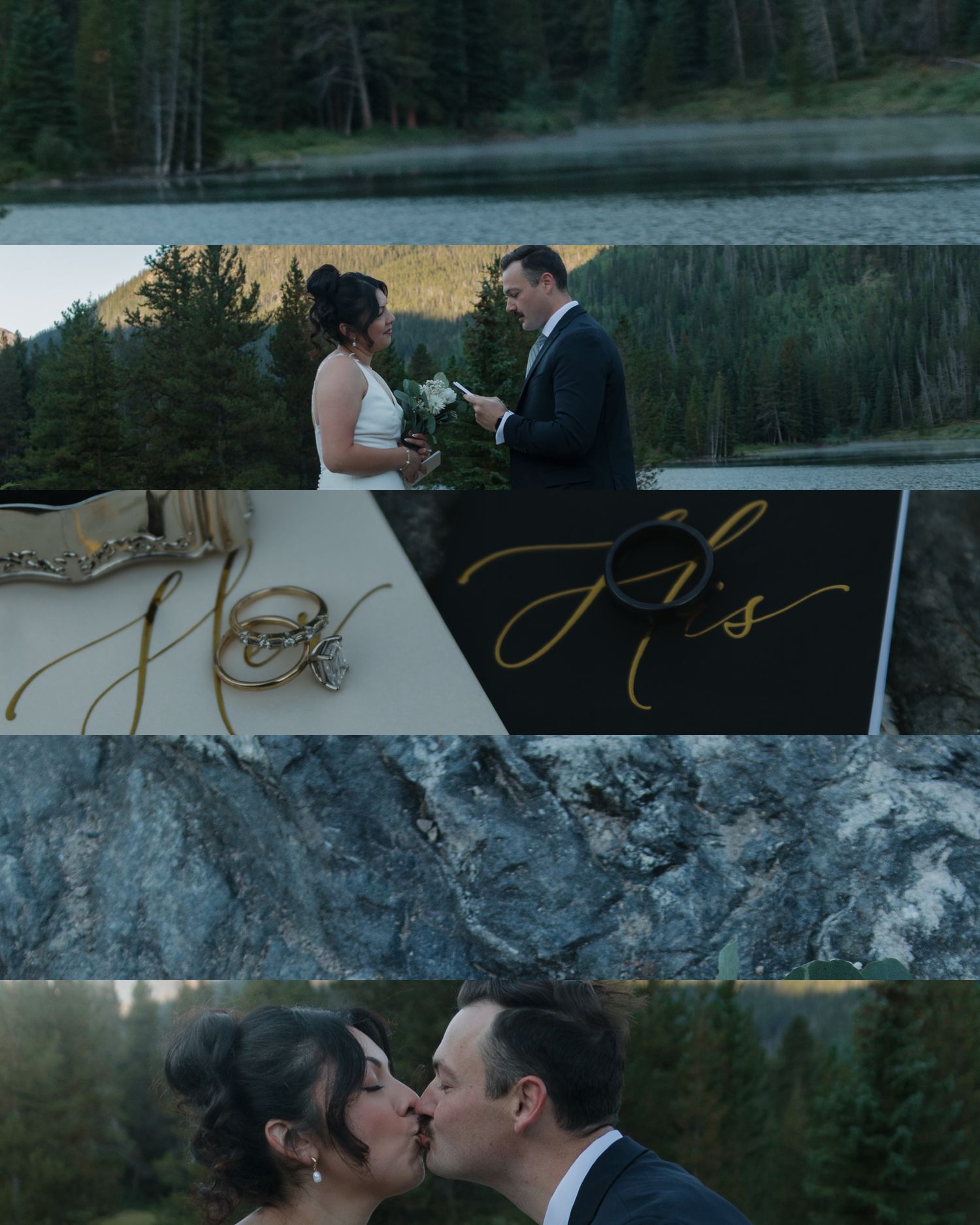 A romantic wedding moment captured against a mountain lake backdrop.