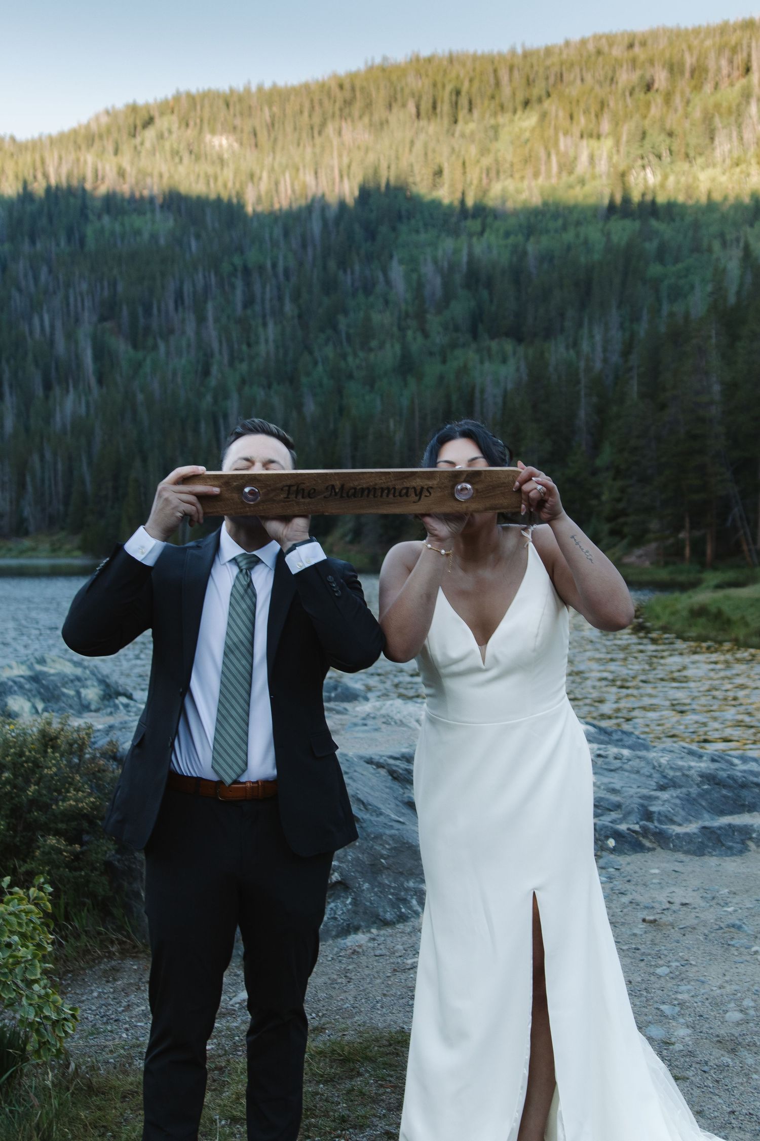 Wedding couple shares playful moment with wooden beam in mountain setting.