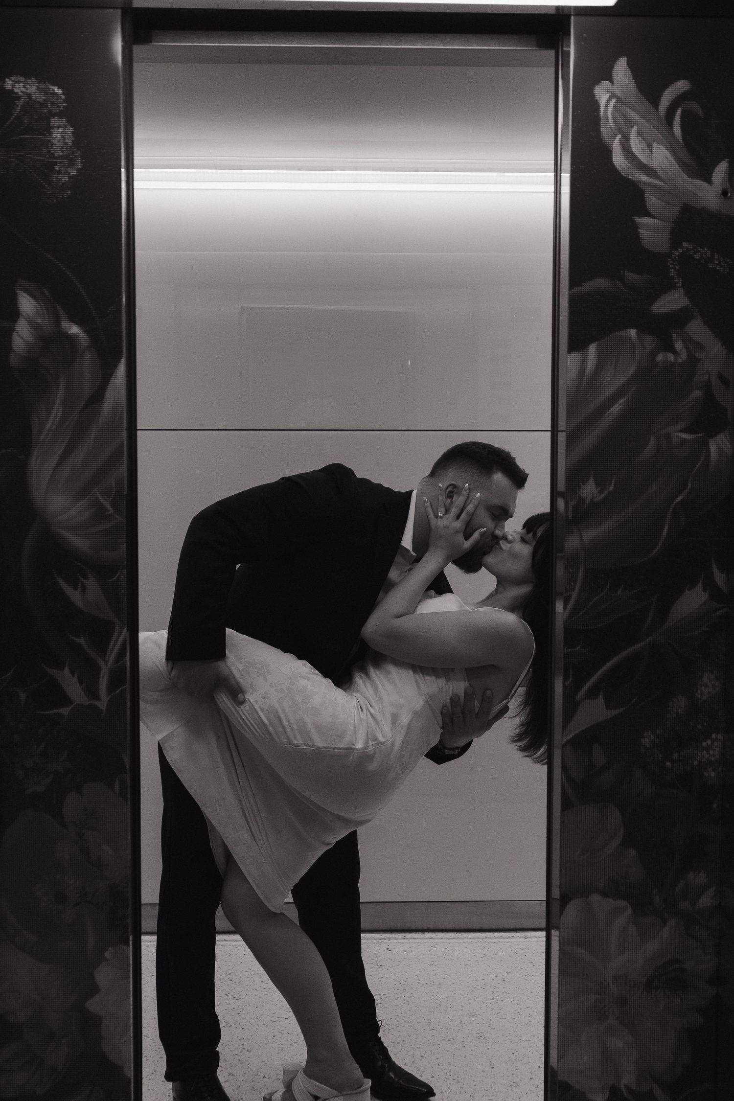 Artistic black and white photo sequence of couple dancing in dramatic dip pose.