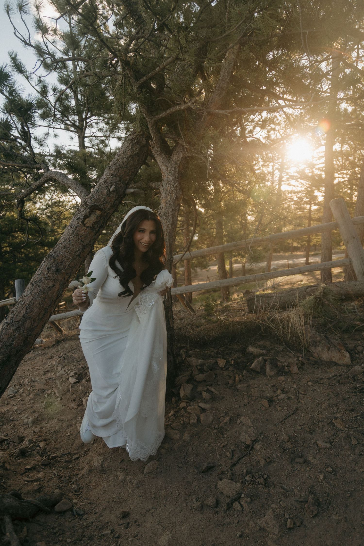 A bride in a white gown and veil stands among pine trees in golden sunset light.