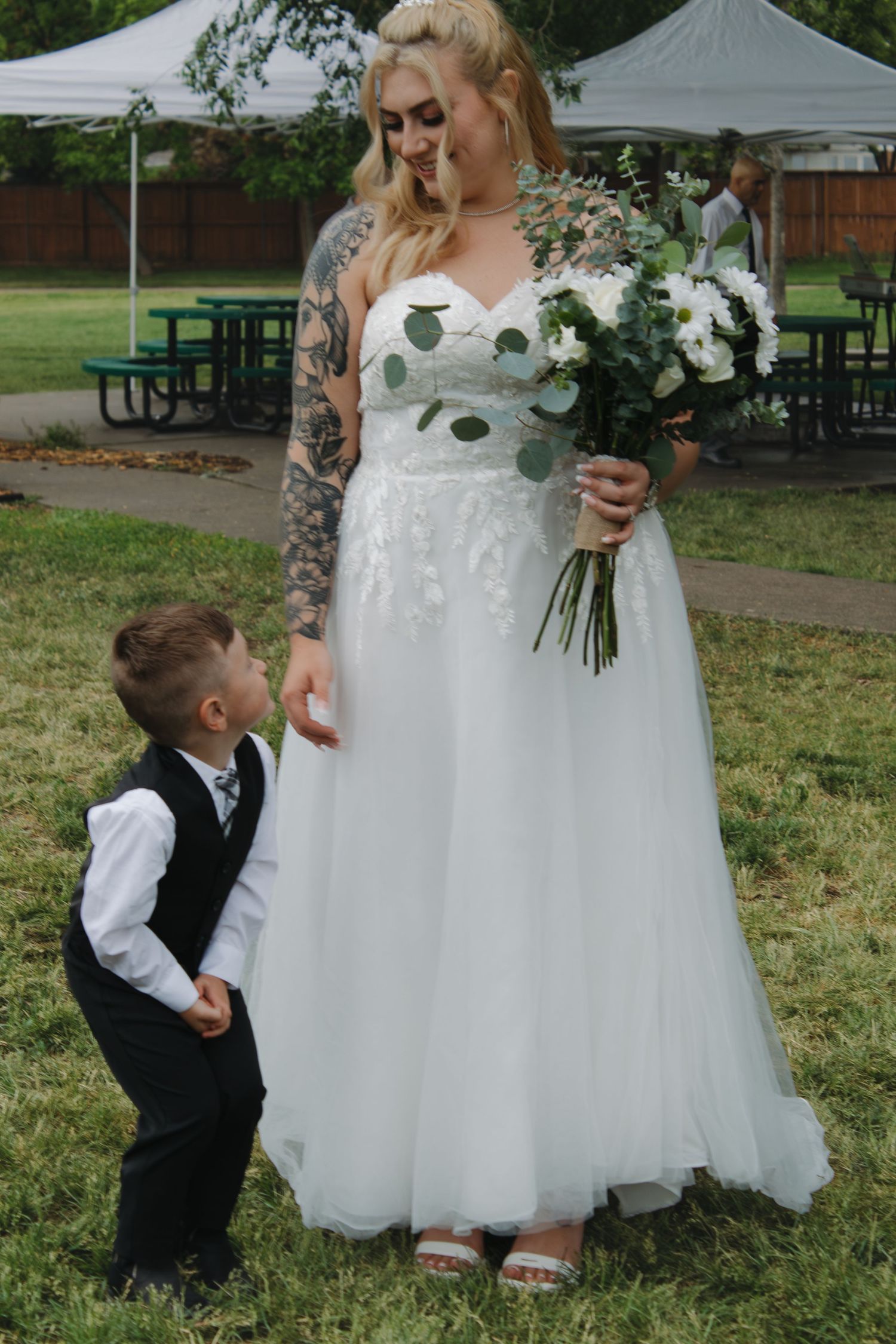 Heartwarming wedding moments captured in a series showing a white dress and floral bouquet.