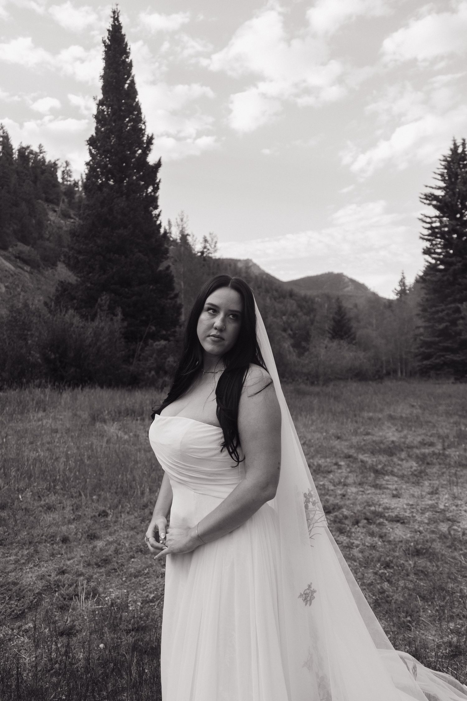 Black and white portrait of bride in flowing gown and veil in mountain meadow setting.