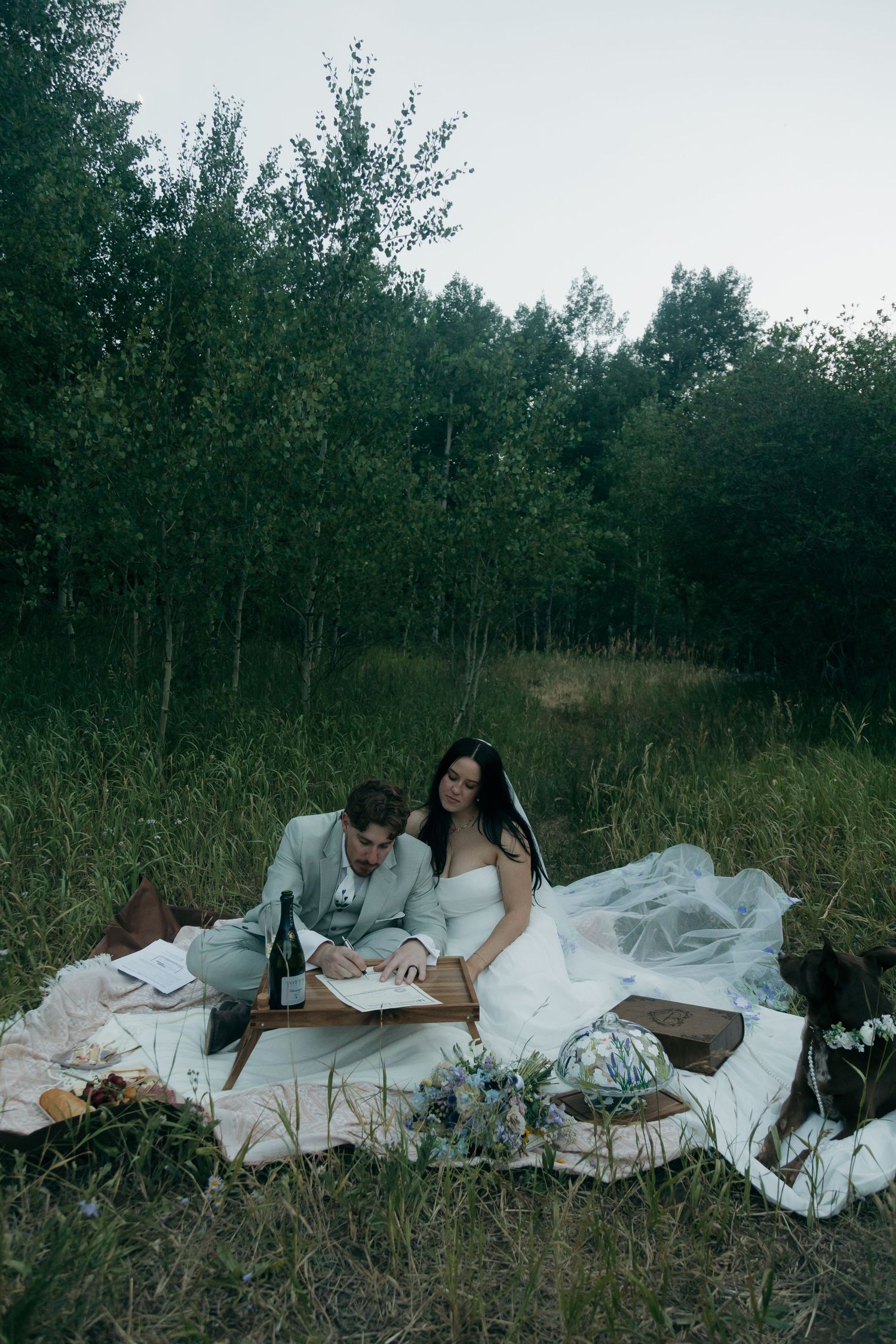 Bride and groom sitting together on blanket in forest meadow reviewing wedding documents at dusk.