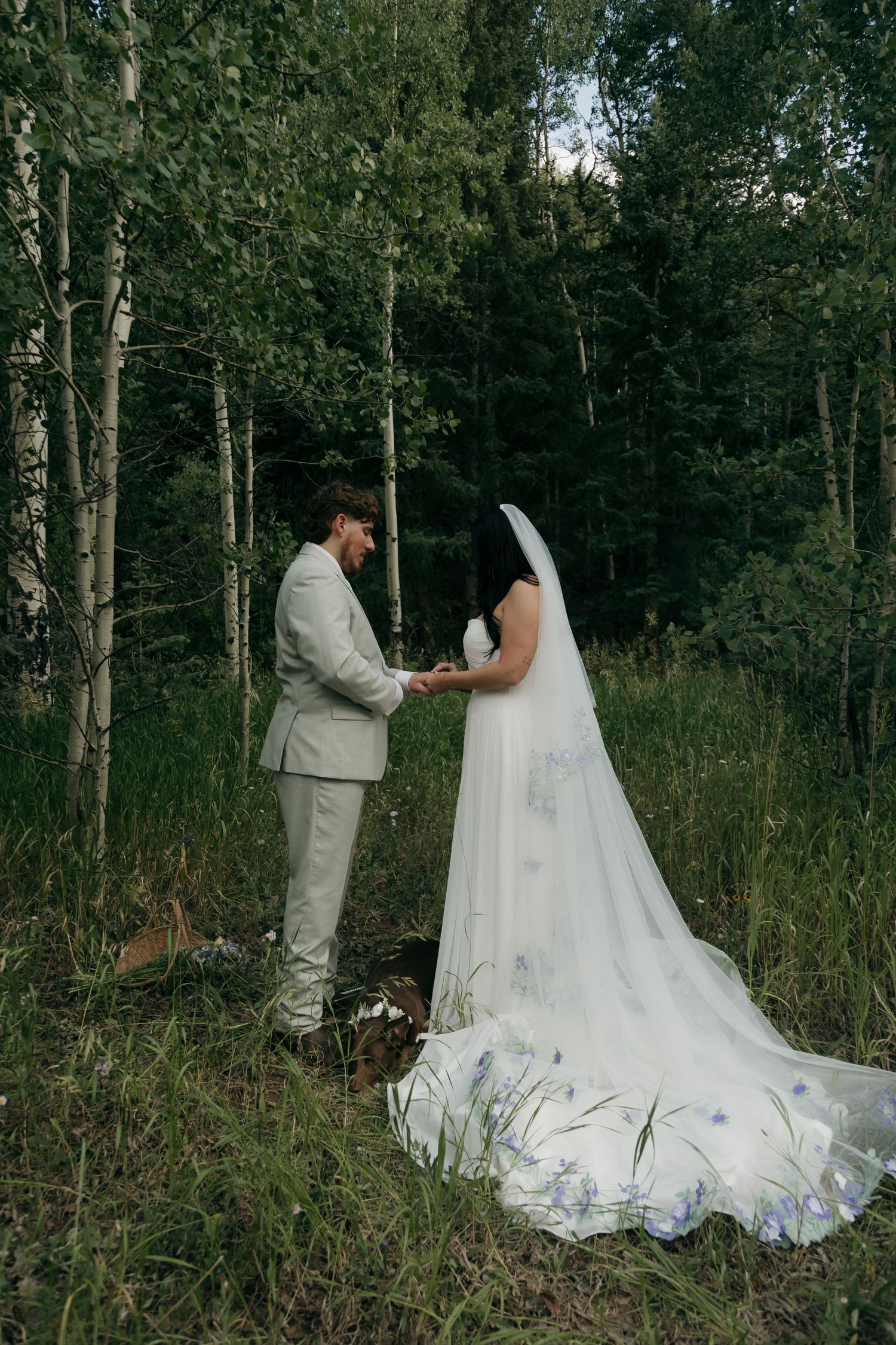 Groom places wedding ring on bride's hand during intimate forest elopement ceremony among aspen trees.