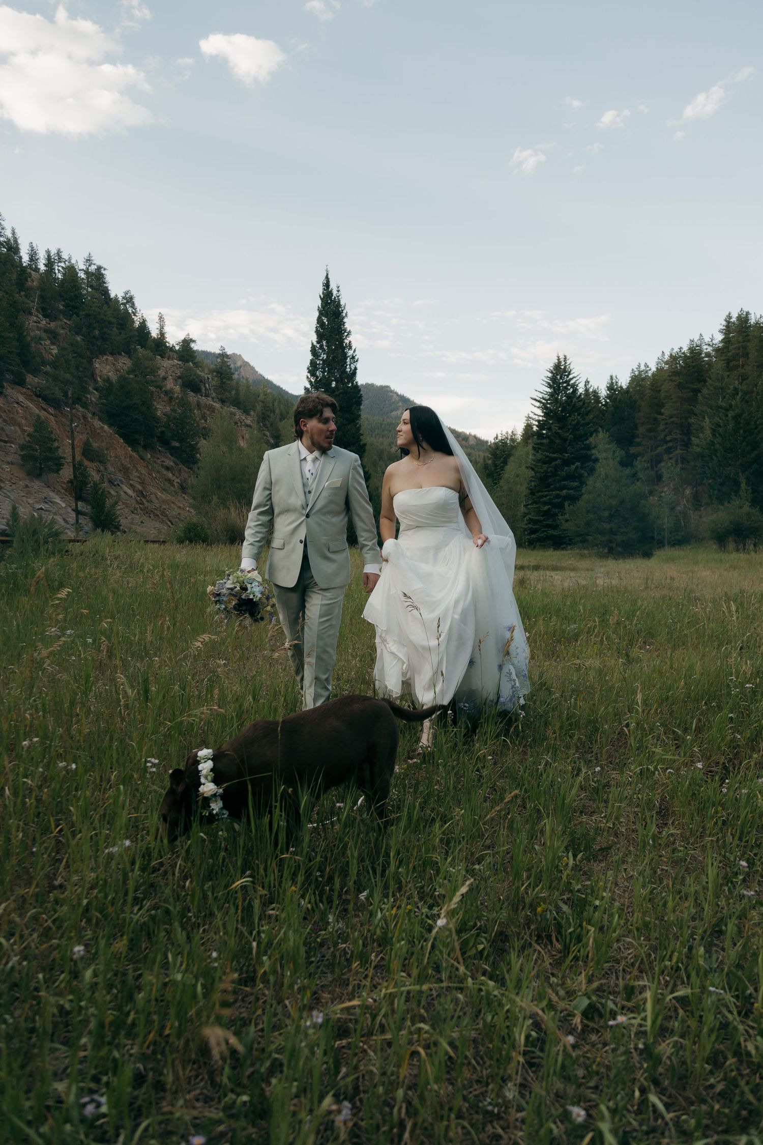 Bride and groom walk together through a green mountain meadow with their black dog, sharing a loving glance.
