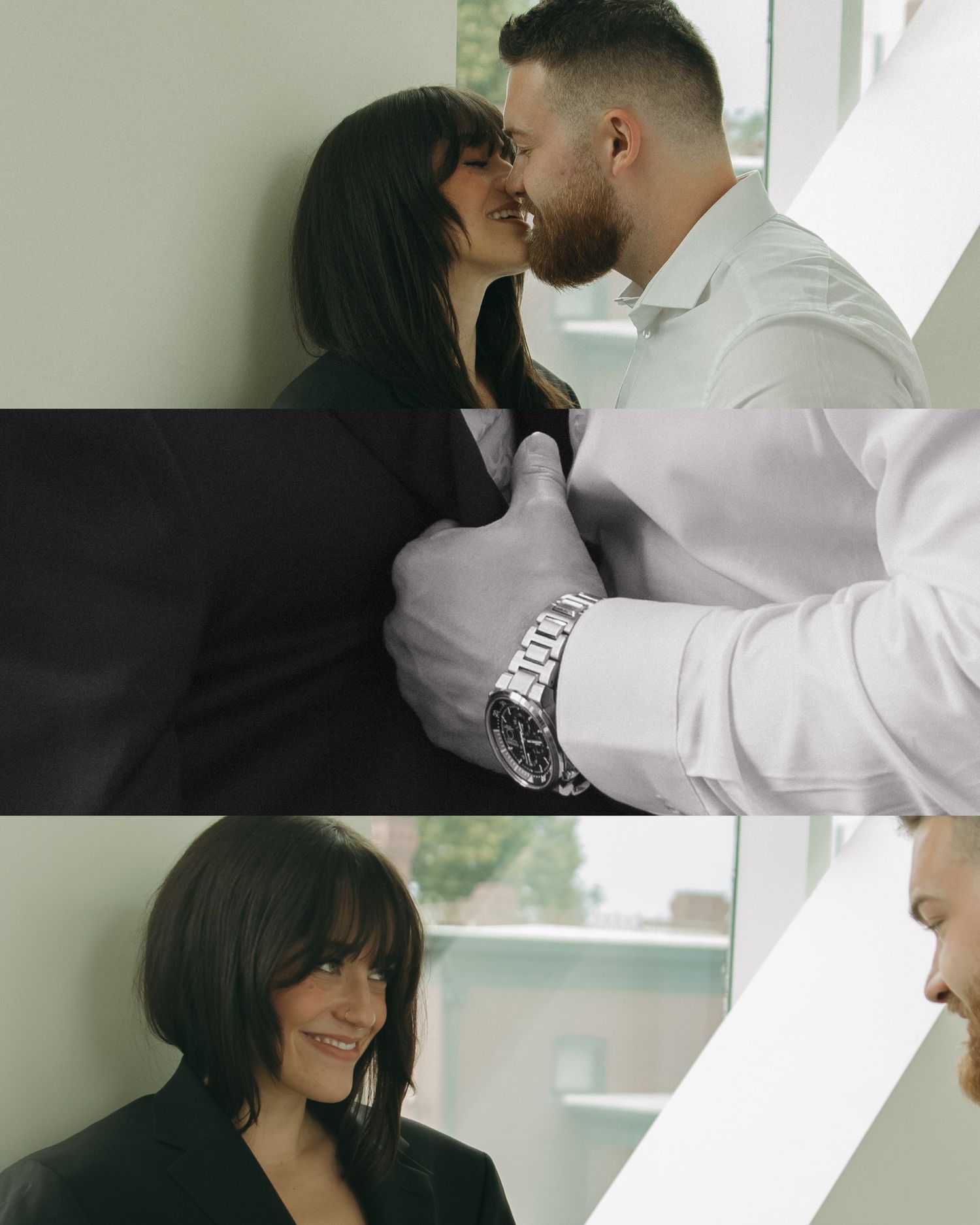 Artistic sequence of wedding photos showing romantic moments by a window.