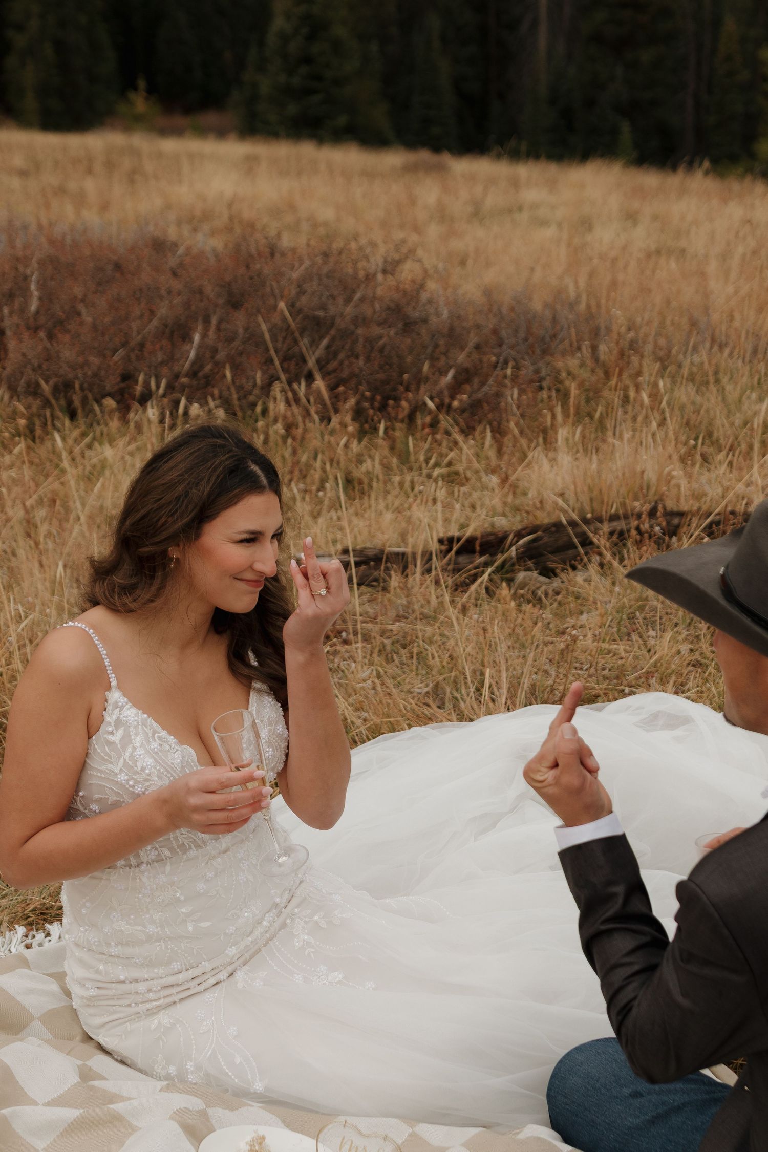 A couple enjoys a picnic in a mountain meadow during their wedding day.
