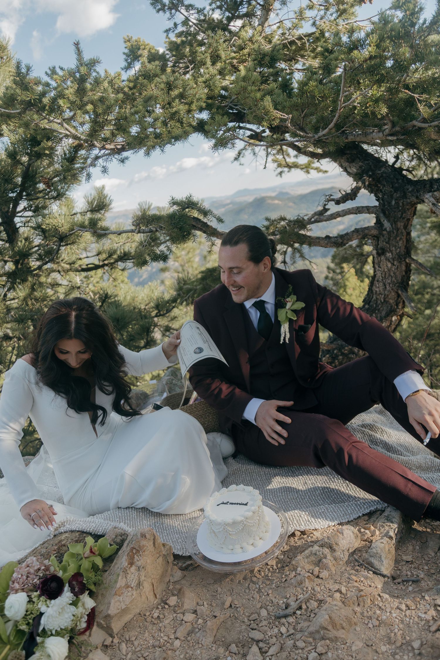 Bride and groom sit on rocky outcrop under pine trees with wedding cake during outdoor elopement.