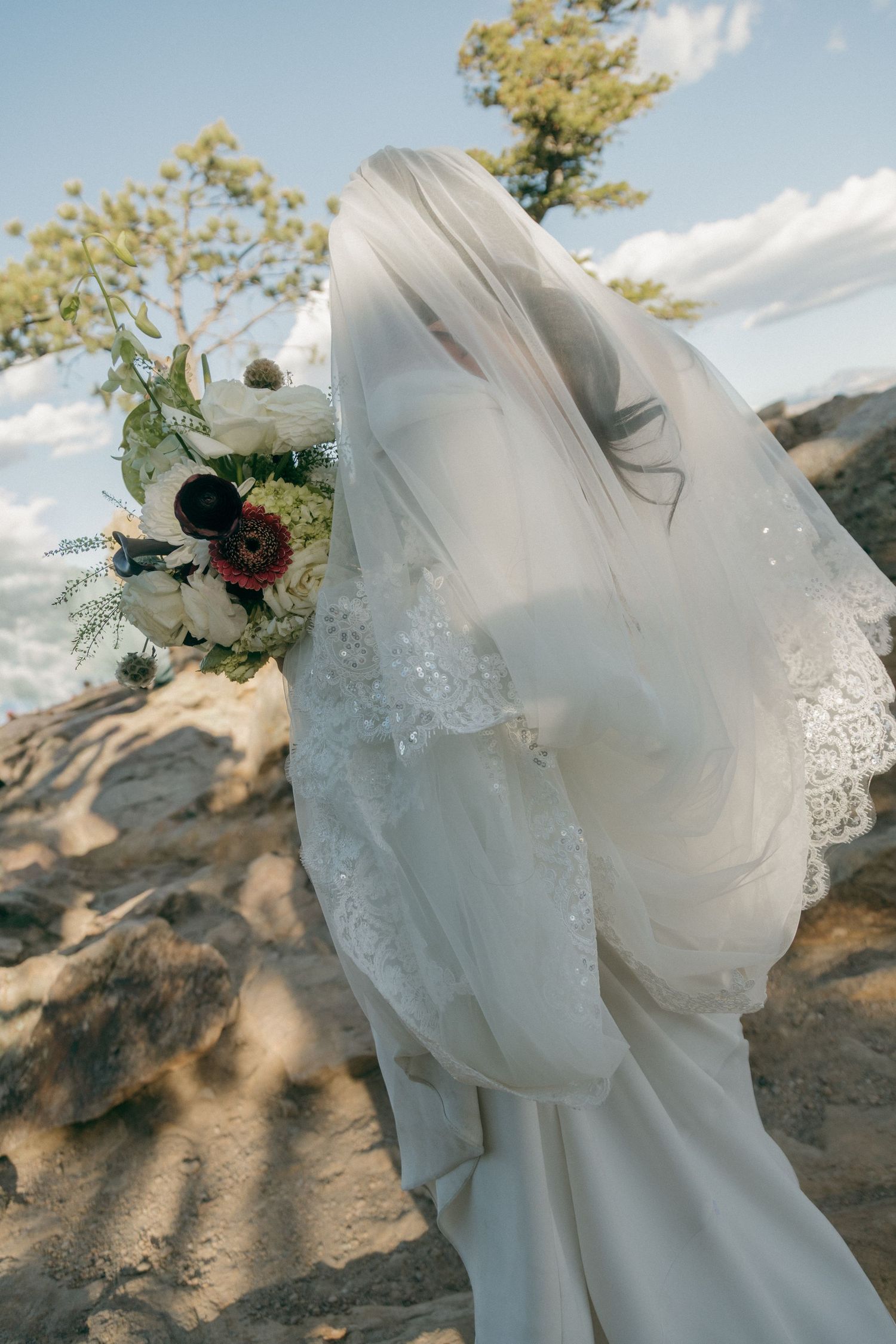 Bride in white lace-trimmed veil holding floral bouquet with anemones on rocky mountain overlook.