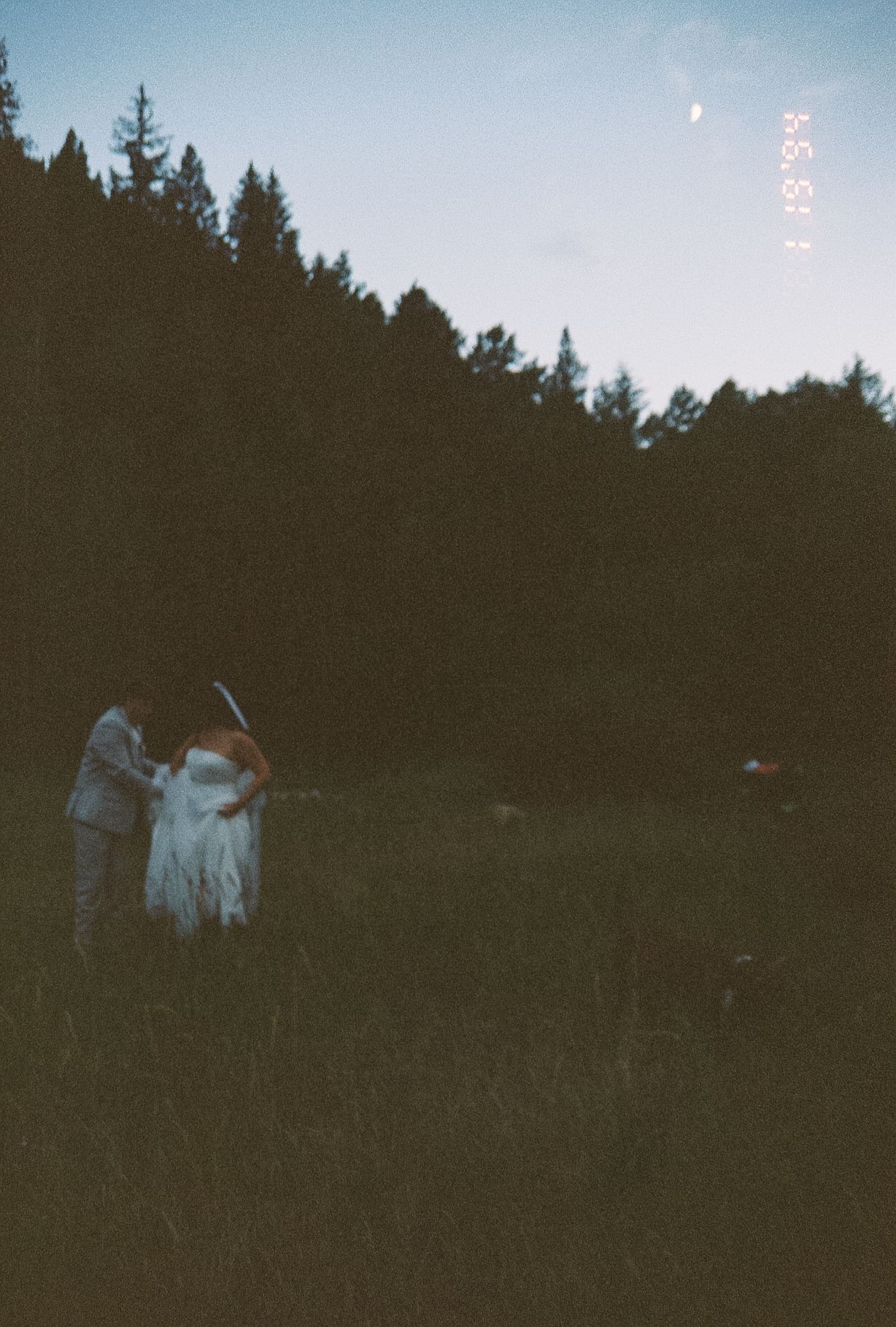 Bride in white dress and groom walking through a meadow at dusk with pine trees silhouetted against twilight sky.