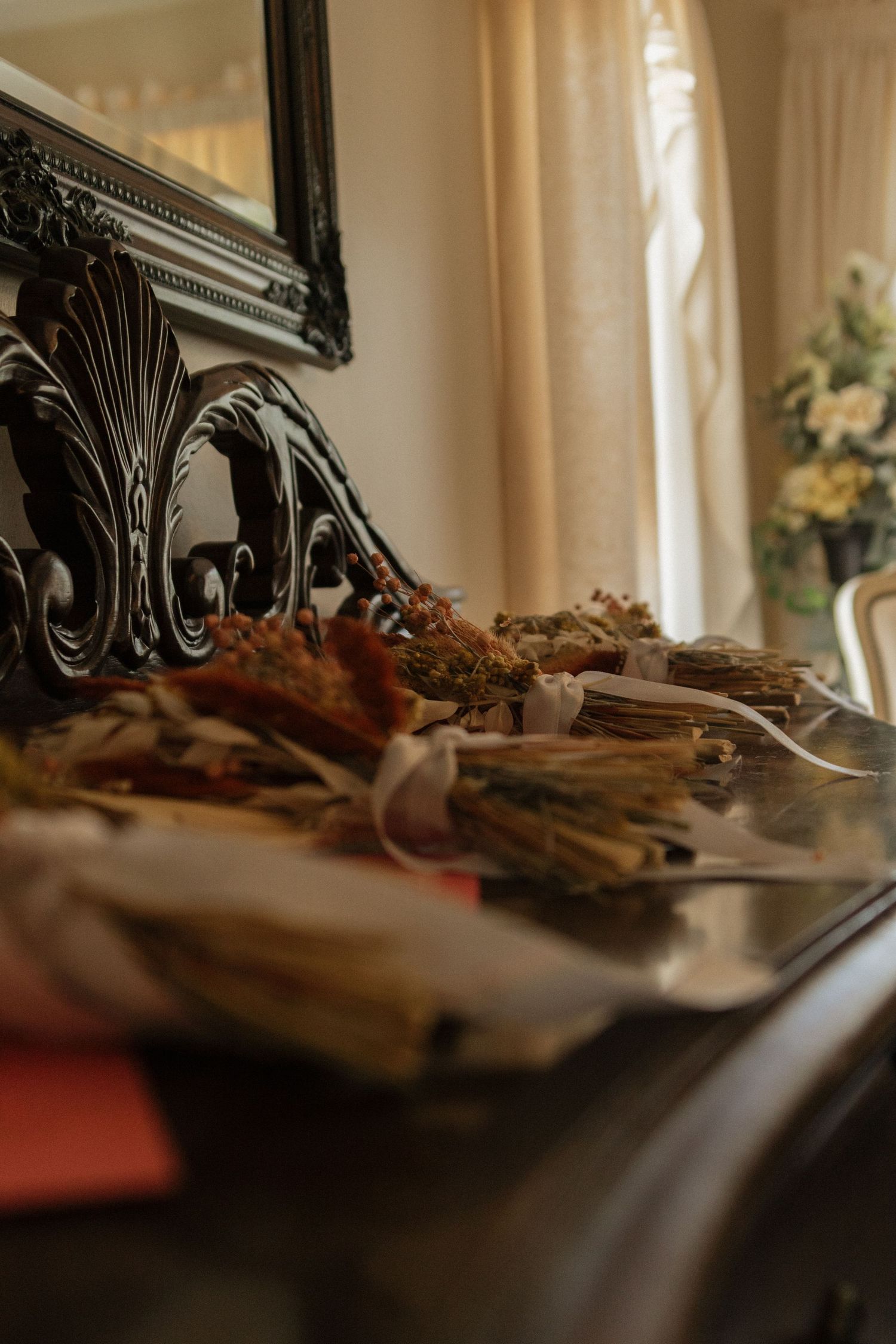 Artistic detail shots of rustic decor and ornate furniture details on a decorated table.