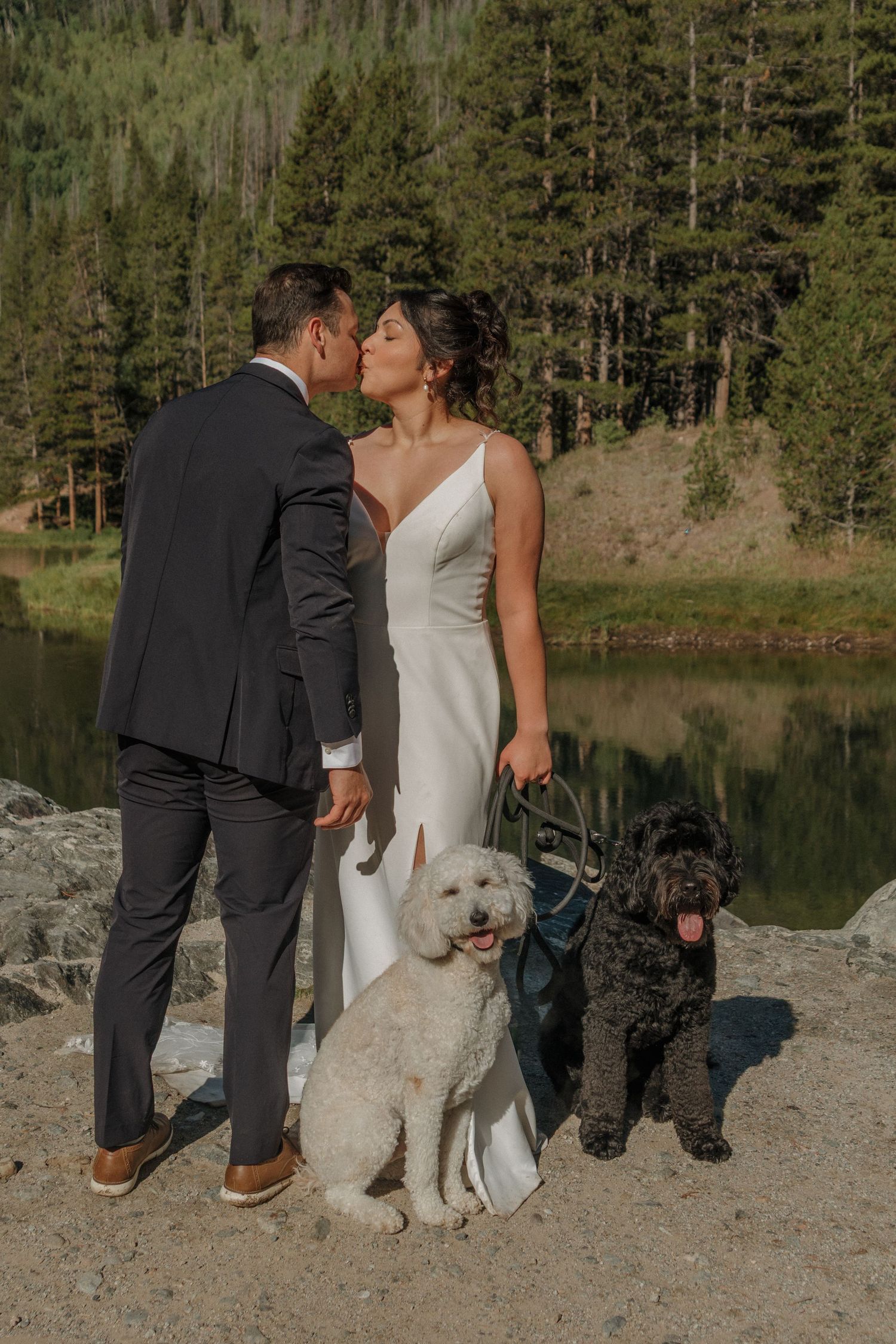 A wedding couple shares intimate moments with their dogs by a serene mountain lake.