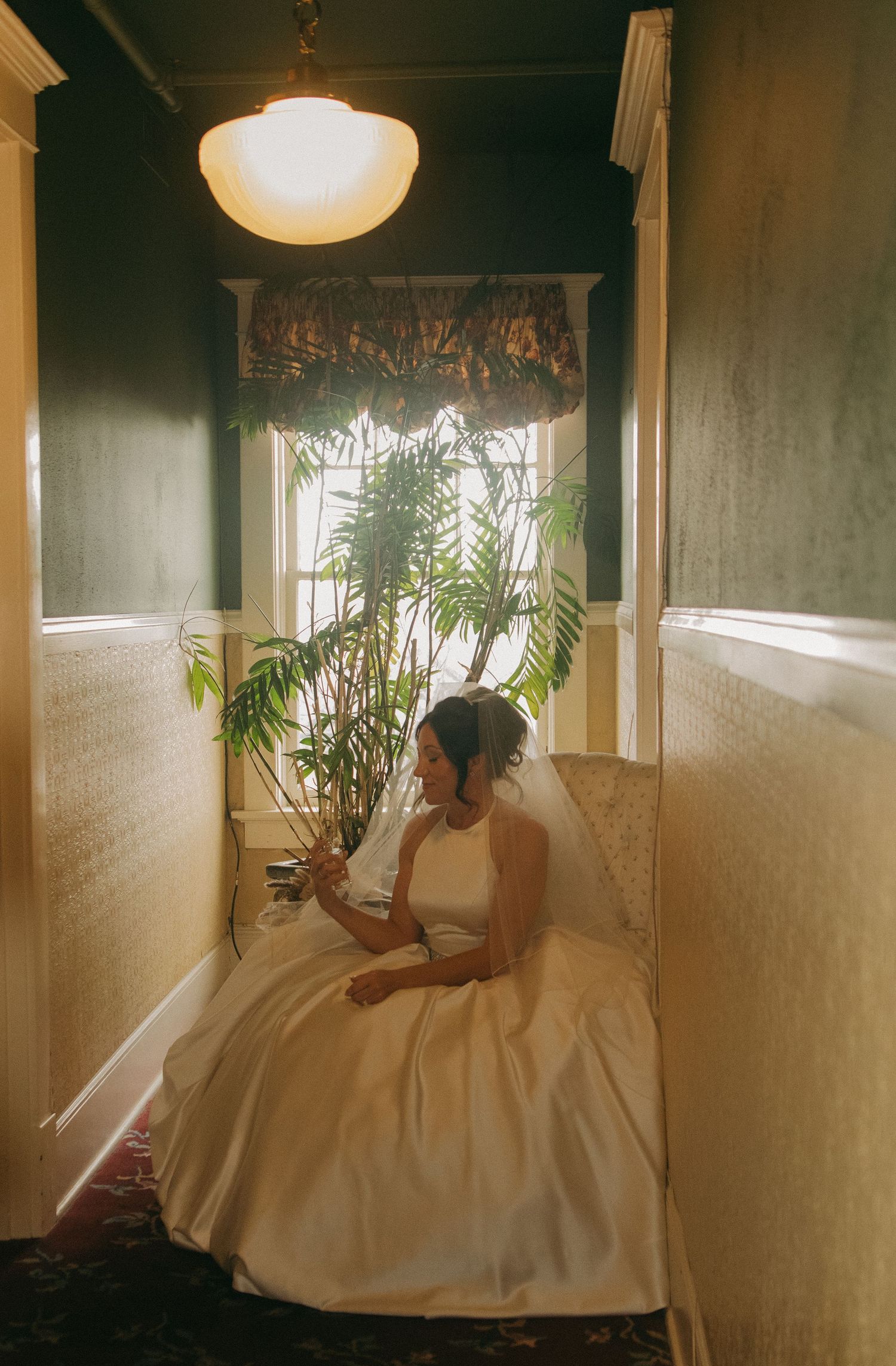 White wedding dress billows gracefully near a window with indoor plants creating a dreamy atmosphere.